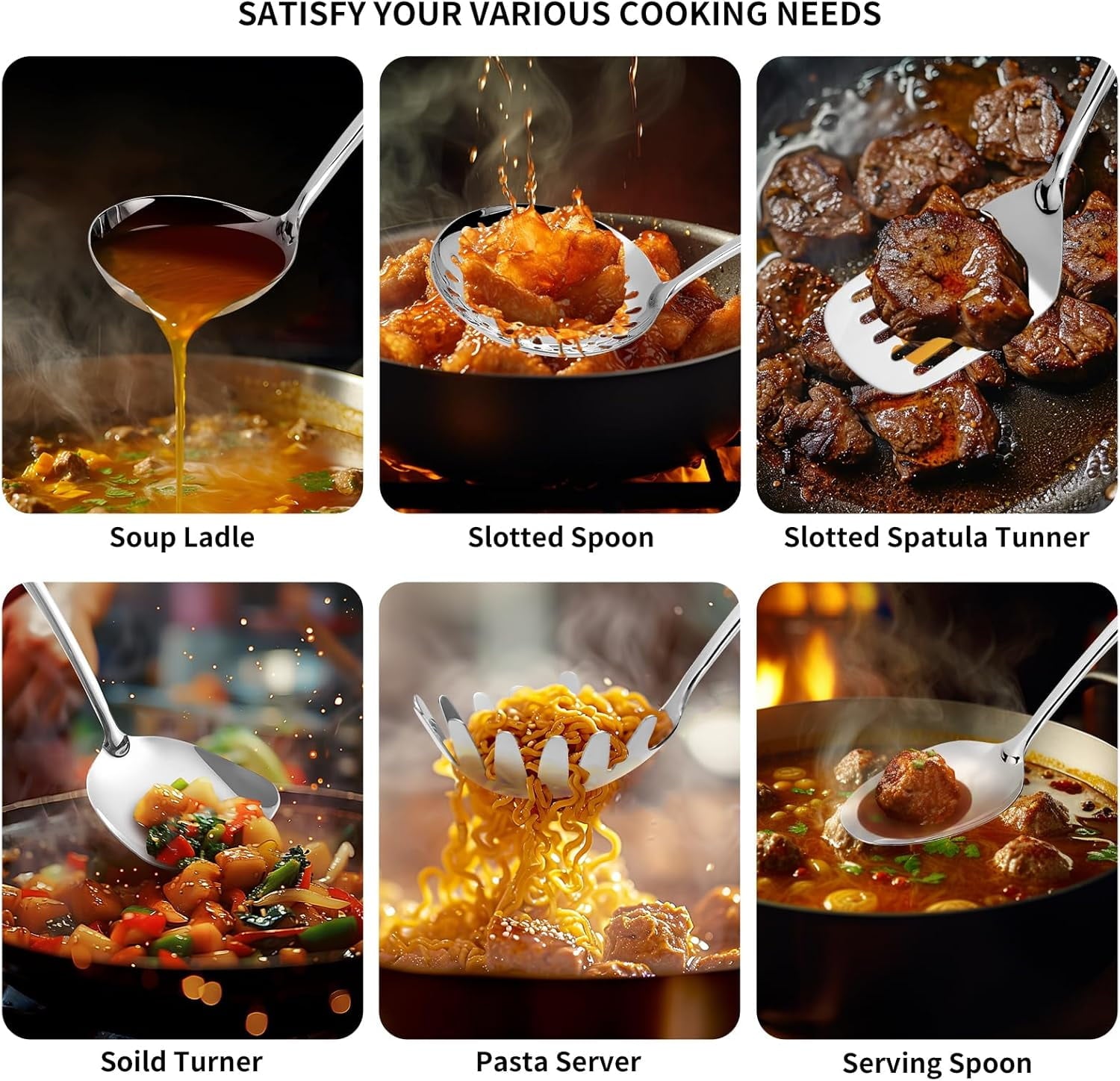 304 Stainless Steel Cooking Utensils Set,6 Pcs Long Metal Kitchen Utensils Set with Spatula, Solid Spoon, Ladle, Skim... - Image 2