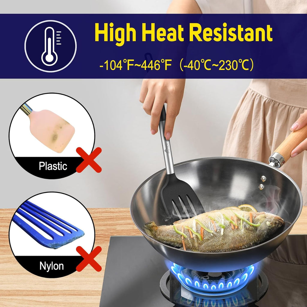 Behome 2 Pack Spatulas, Non Stick Turners with Silicone Handle, High Heat Resistant BPA Free Cooking Utensils, for Fish, Eggs, Pancakes(Blac - Image 2