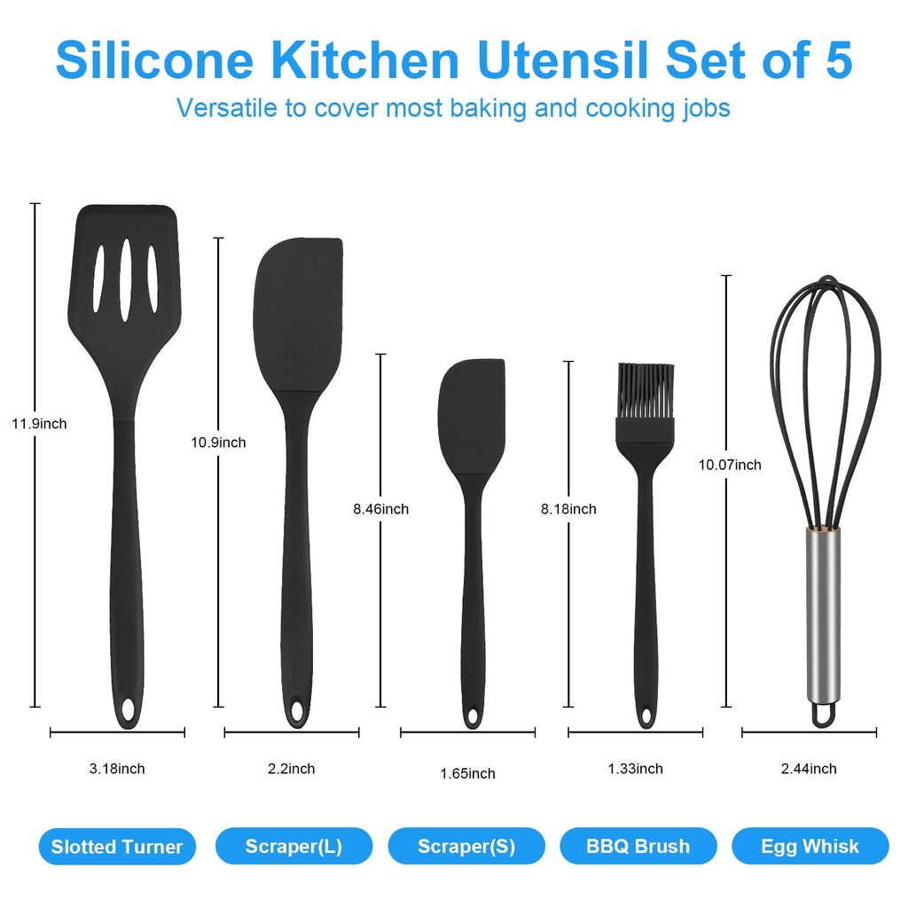 Silicone Cooking Utensils Sets,AILKIN 5-Piece Kitchen Utensil Set 600F Heat Resistant Non-stick Rubber Cookware Kitchen Silicone Cooking Ute - Image 3