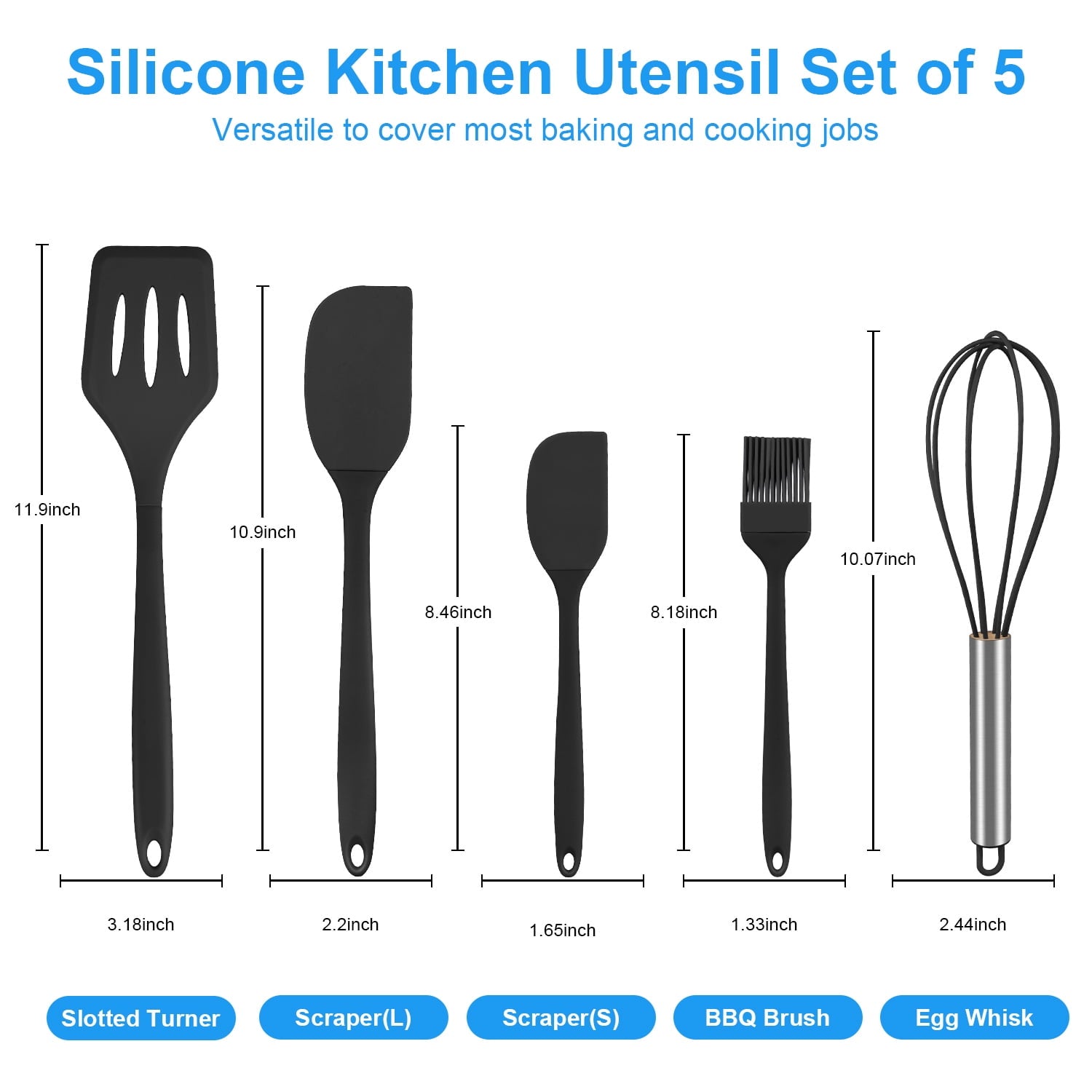Silicone Cooking Utensils Sets,AILKIN 5-Piece Kitchen Utensil Set 600F Heat Resistant Non-stick Rubber Cookware Kitchen Silicone Cooking Ute - Image 3