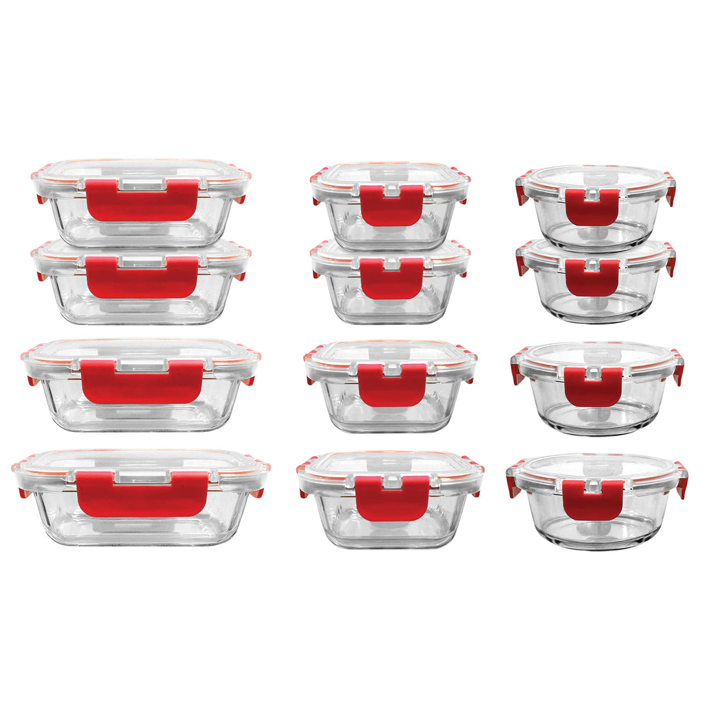 NutriChef 24-Piece Glass Food Storage Set with Locking Hinge Red Lids - Superior Quality - Image 2
