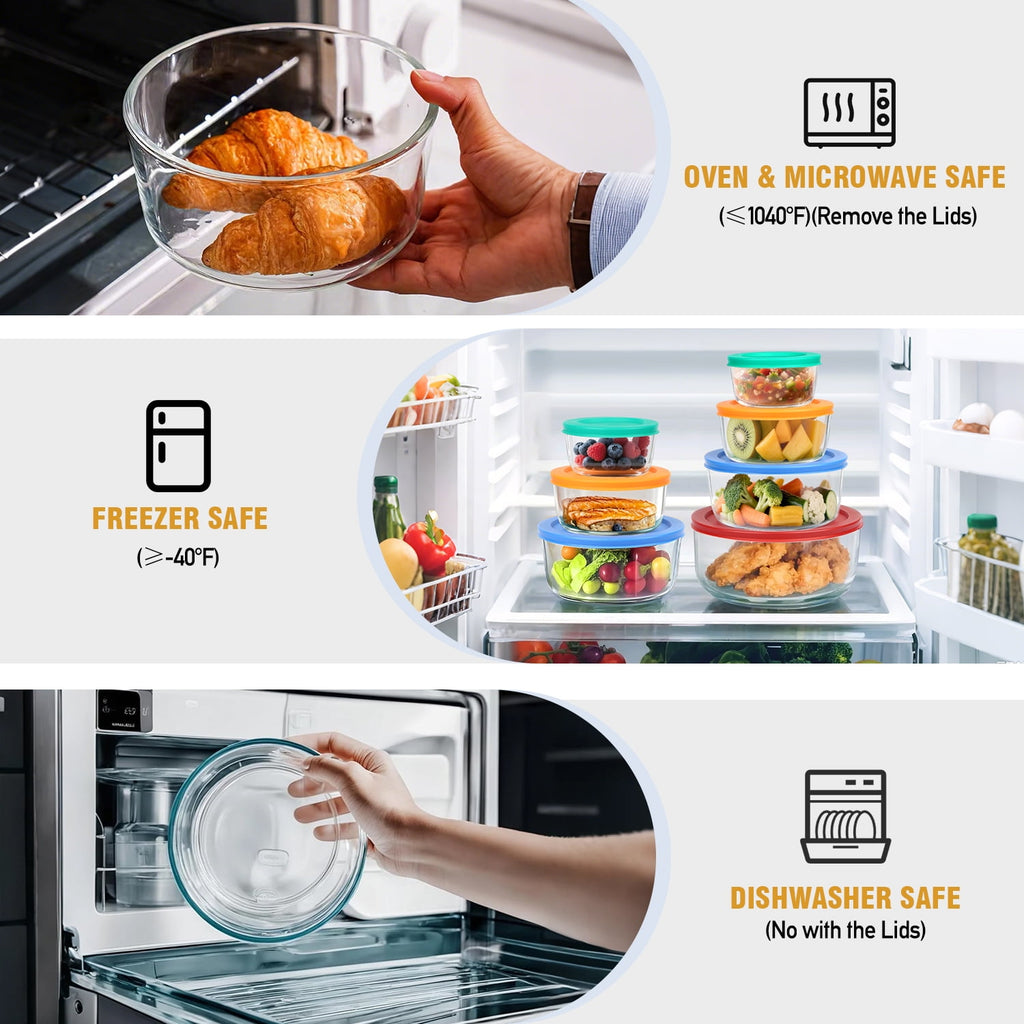14 Pcs Glass Food Storage Containers Set - 7, 4, 2 & 1-Cup Round Containers with Lids, BPA-Free, Dishwasher & Microwave Safe Lunch Box - Image 3