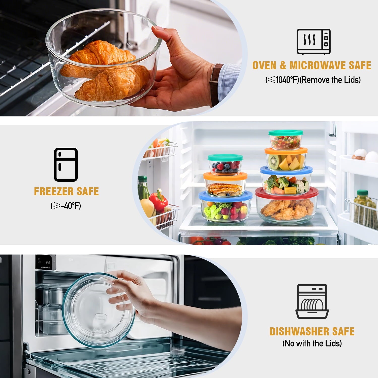 14 Pcs Glass Food Storage Containers Set - 7, 4, 2 & 1-Cup Round Containers with Lids, BPA-Free, Dishwasher & Microwave Safe Lunch Box - Image 3