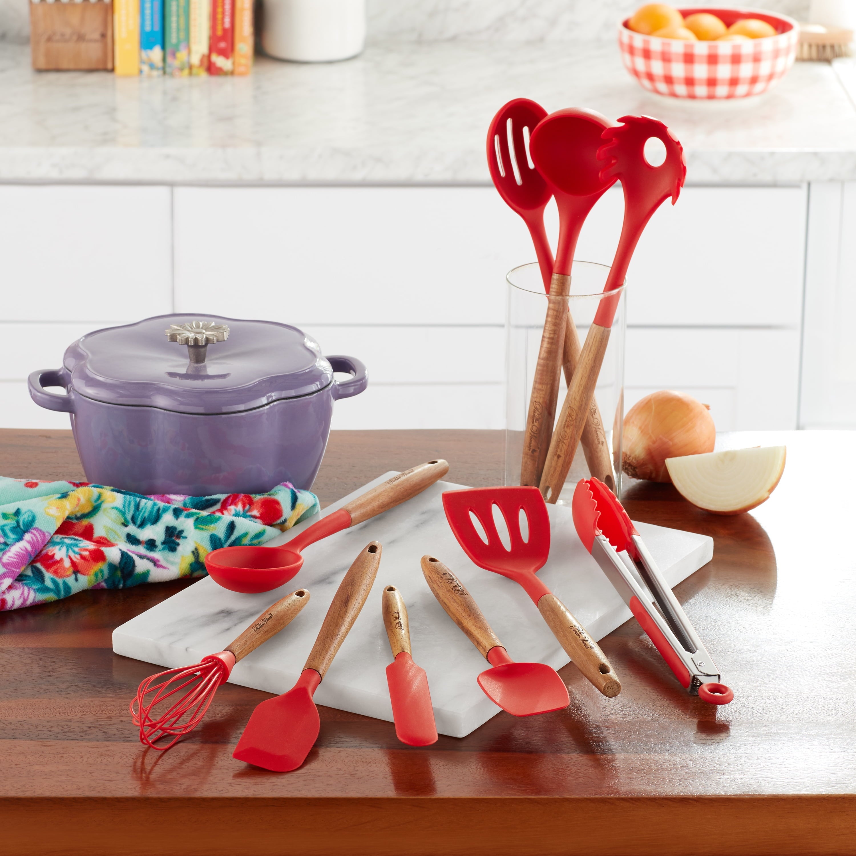 The Pioneer Woman 10-Piece Silicone and Wood Handle Kitchen Cooking Utensils Set, Red - Image 2