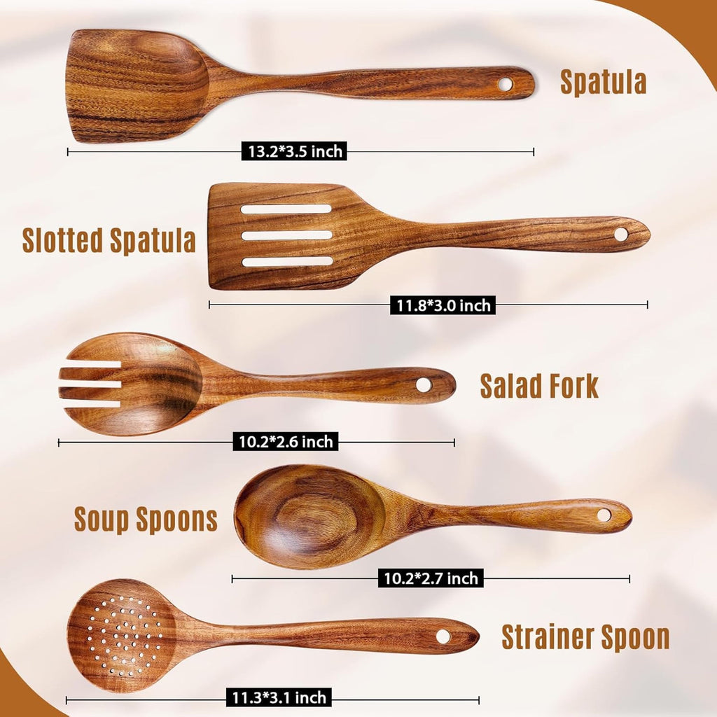 Wooden Spoons for Cooking, 5 Pcs Natural Teak Kitchen Utensil Set , Wooden Cooking Utensils Set for Nonstick Pans & C... - Image 2