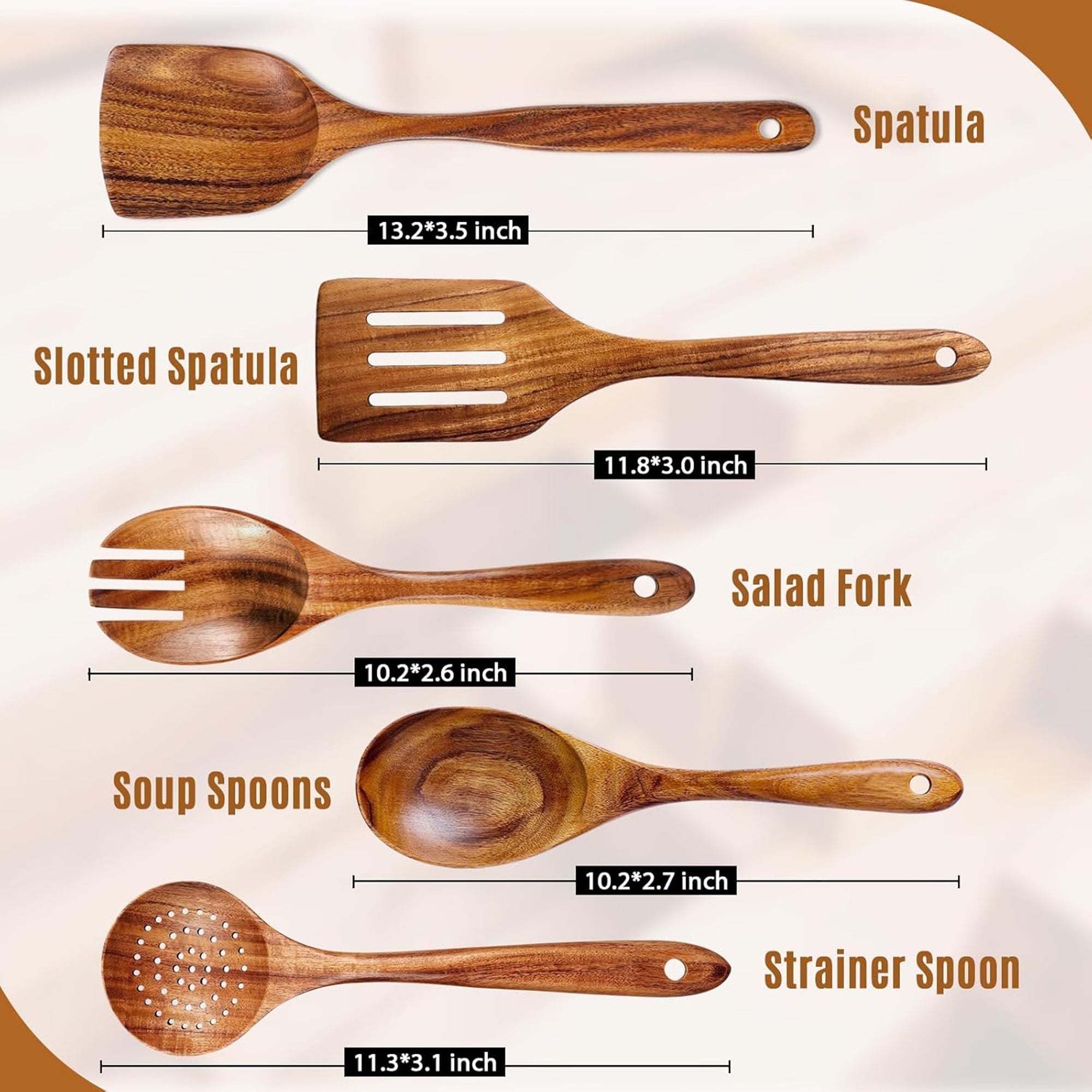 Wooden Spoons for Cooking, 5 Pcs Natural Teak Kitchen Utensil Set , Wooden Cooking Utensils Set for Nonstick Pans & C... - Image 2