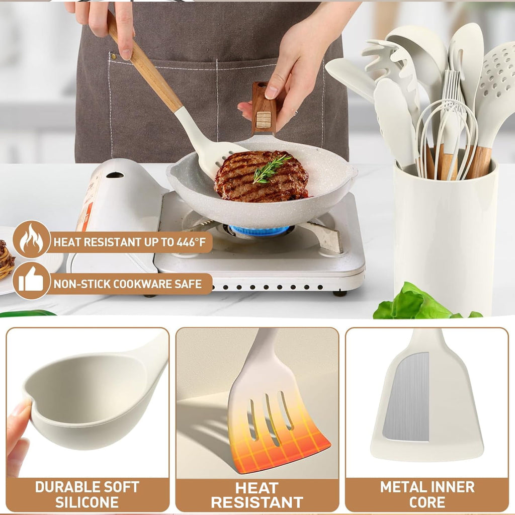 Set, 12 packs Non-Stick Silicone Kitchen Spatula Set with Wooden Handles and Holder, Heat Resistant Food Grade Kitche... - Image 3