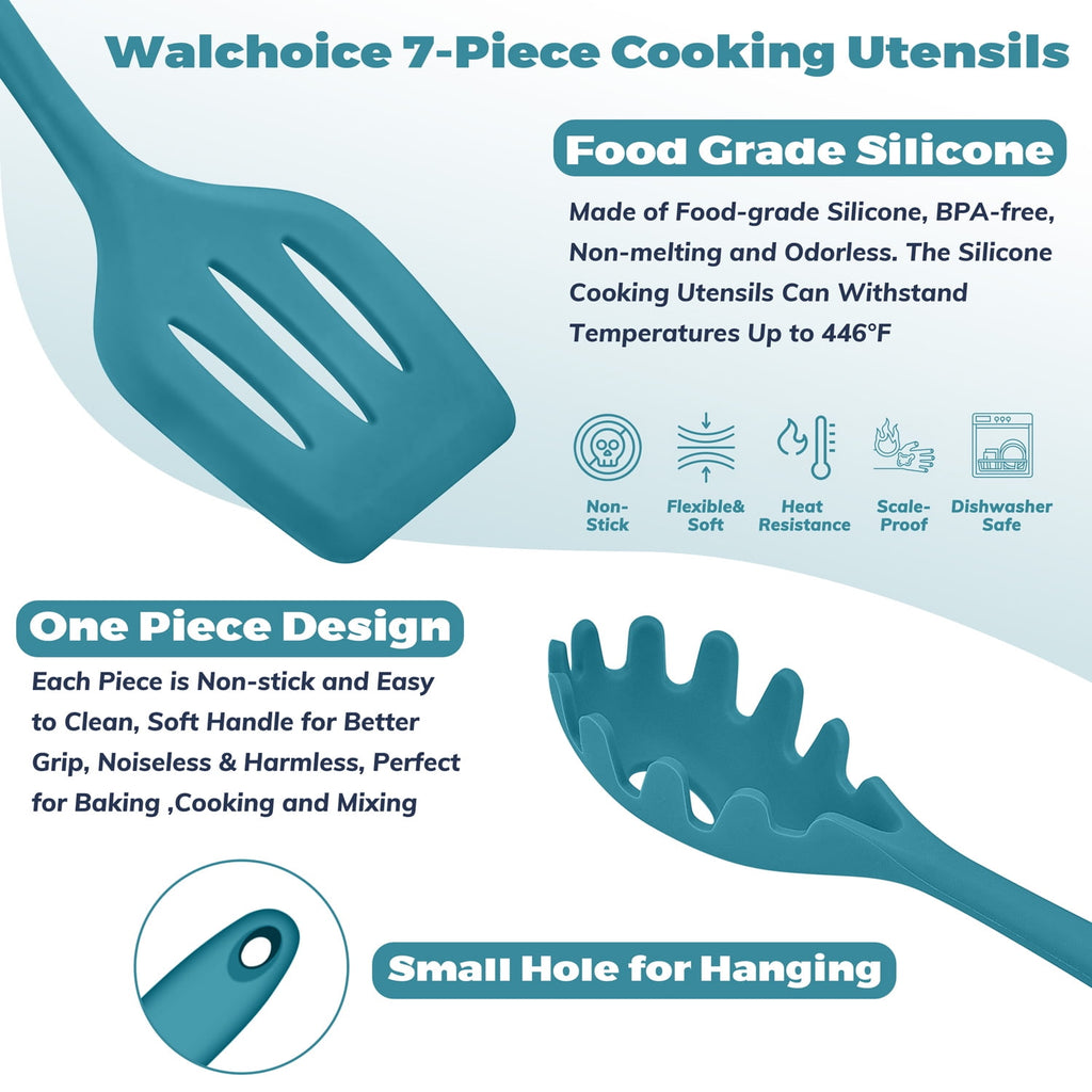 7-Piece Silicone Cooking Utensils Set, Blue Kitchen Utensils, Non-stick Gadgets Tools Include Slotted Turner, Soup La... - Image 3