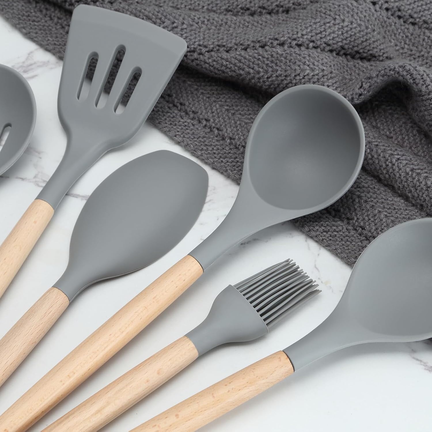 Set, Non-Stick Silicone Cooking Kitchen Spatula Set with Holder, Wooden Handle Silicone Kitchen Gadgets Utensil Set - Image 4