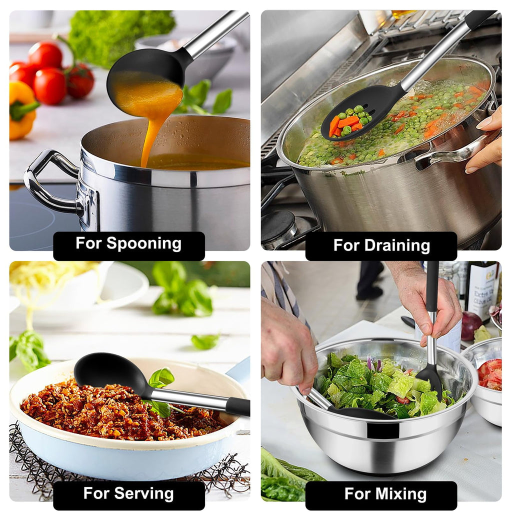 Kitchen Utensils,4 PCS Silicone Cooking Utensils Spatula Spoon Set with Stainless Steel Handle,for Frying Mixing Draining Turning,Healthy & - Image 4