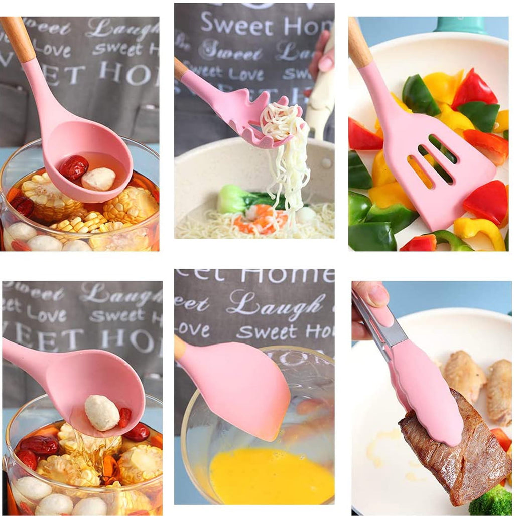 Silicone Cooking Utensil Kitchen Utensils Set, 12 Pieces Silicone Kitchen Utensil Wooden Handles, Kitchen Spatula Set... - Image 3