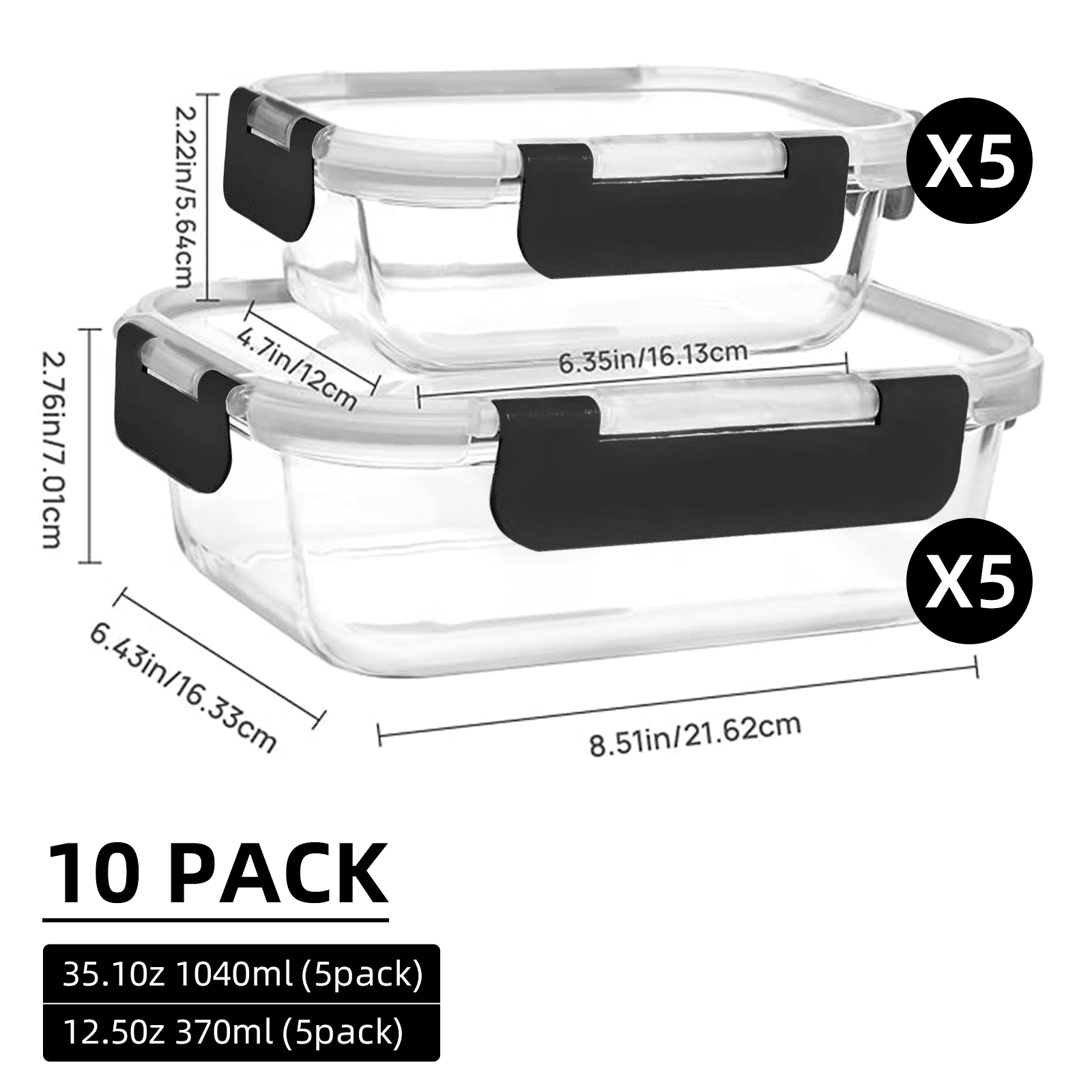 20 Pack Glass Food Storage Containers with lids（ 5 x1040 ml, 5 x370 ml）, Free，Reusable for Kitchen Organization (10Pc... - Image 3