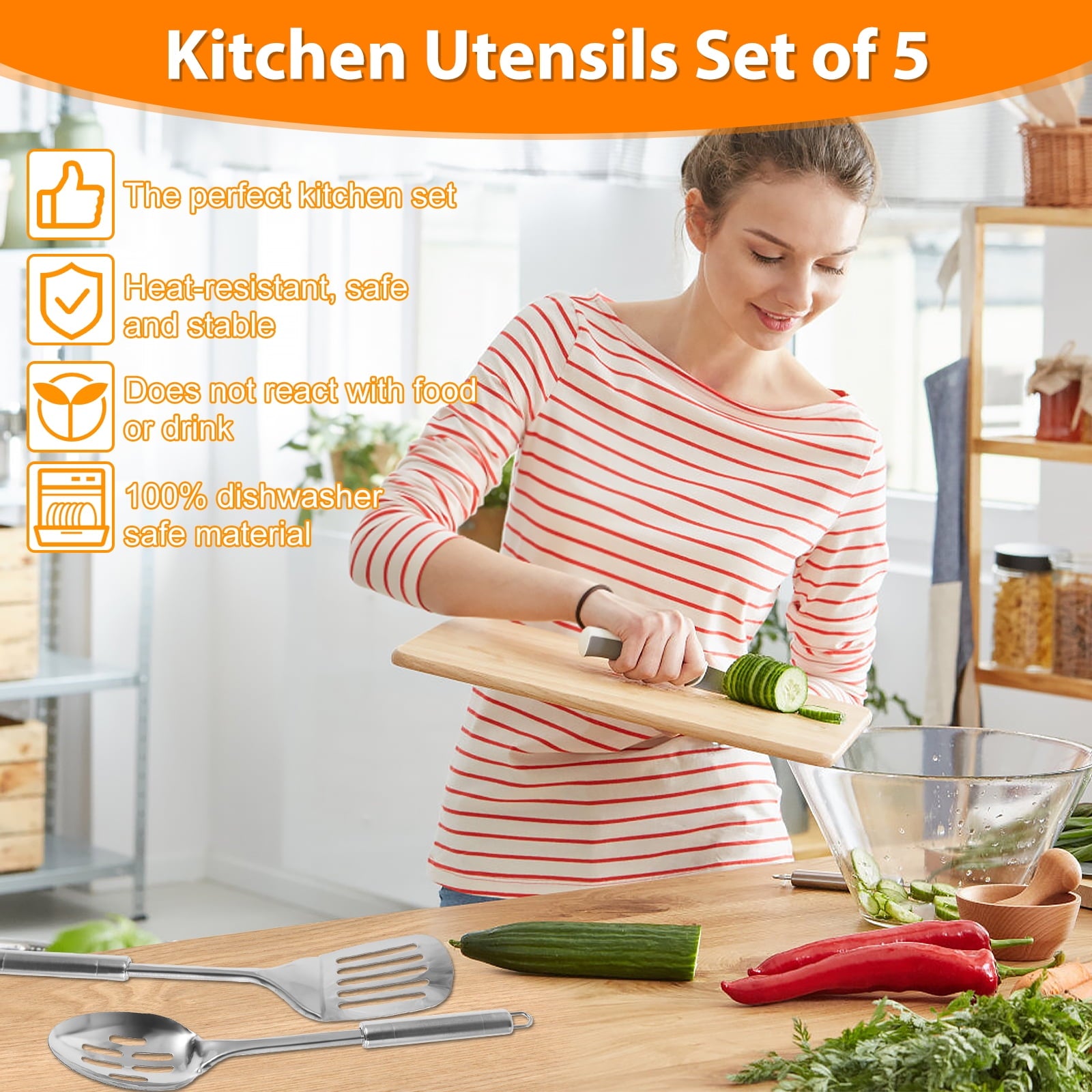 5 Pcs Stainless Steel Utensil Set - Cooking Utensils Set Kitchen Gadgets Tools Set Spoons Spatula Sets with Ergonomic... - Image 3