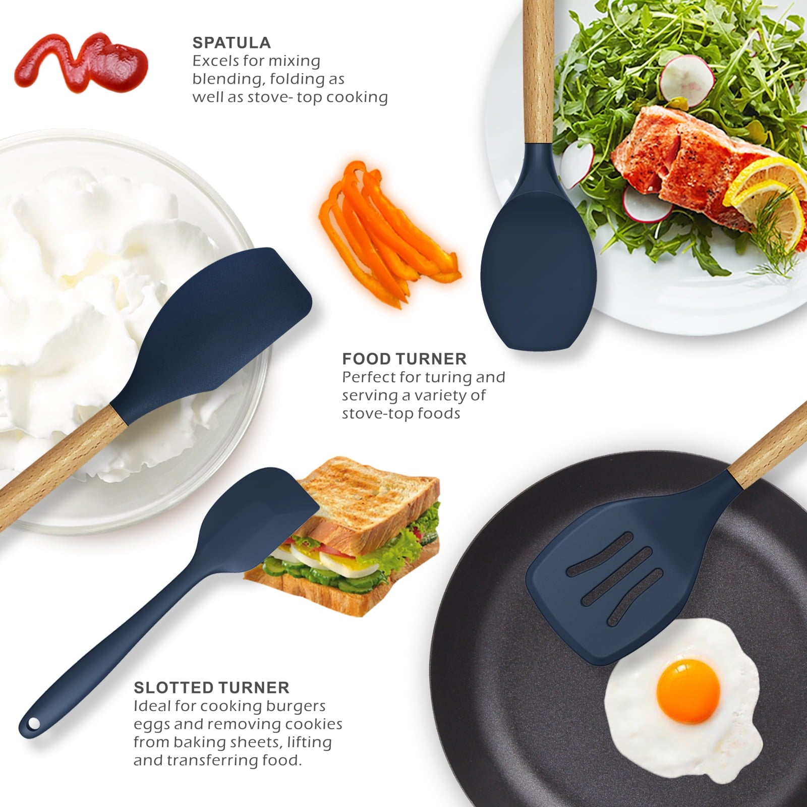 Silicone Cooking Utensils Set - 446°F Heat Resistant Silicone Kitchen Utensils for Cooking,Kitchen Utensil Spatula Set w Wooden Handles and - Image 4