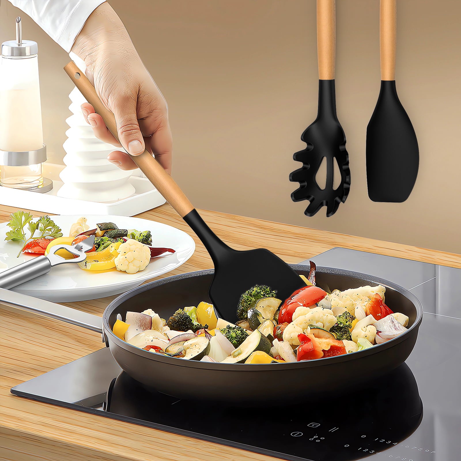 Silicone Cooking Utensils Set - Silicone Kitchen Utensils for Cooking Wooden Handles, Heat Resistant Kitchen Utensil ... - Image 4