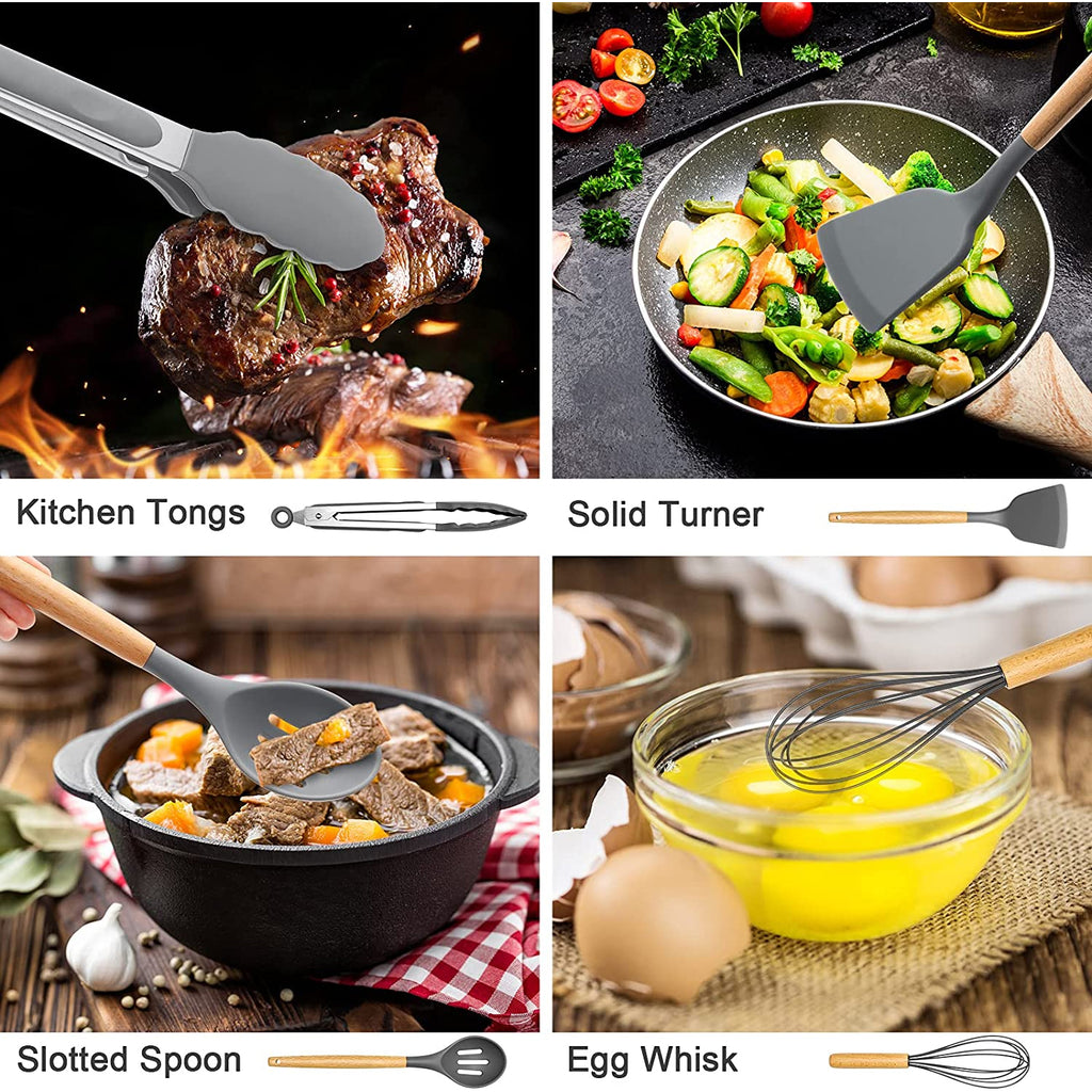 34PCS Silicone Cooking Utensils Set, 446°F Heat Resistant Wooden Handle Cooking Kitchen Utensils Spatula Set with Holder for Nonstick Cookwa - Image 6