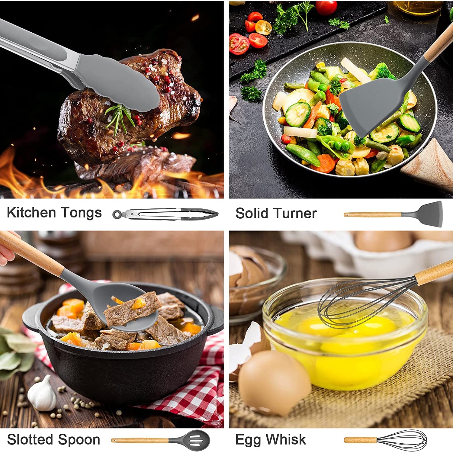 34PCS Silicone Cooking Utensils Set, 446°F Heat Resistant Wooden Handle Cooking Kitchen Utensils Spatula Set with Holder for Nonstick Cookwa - Image 6