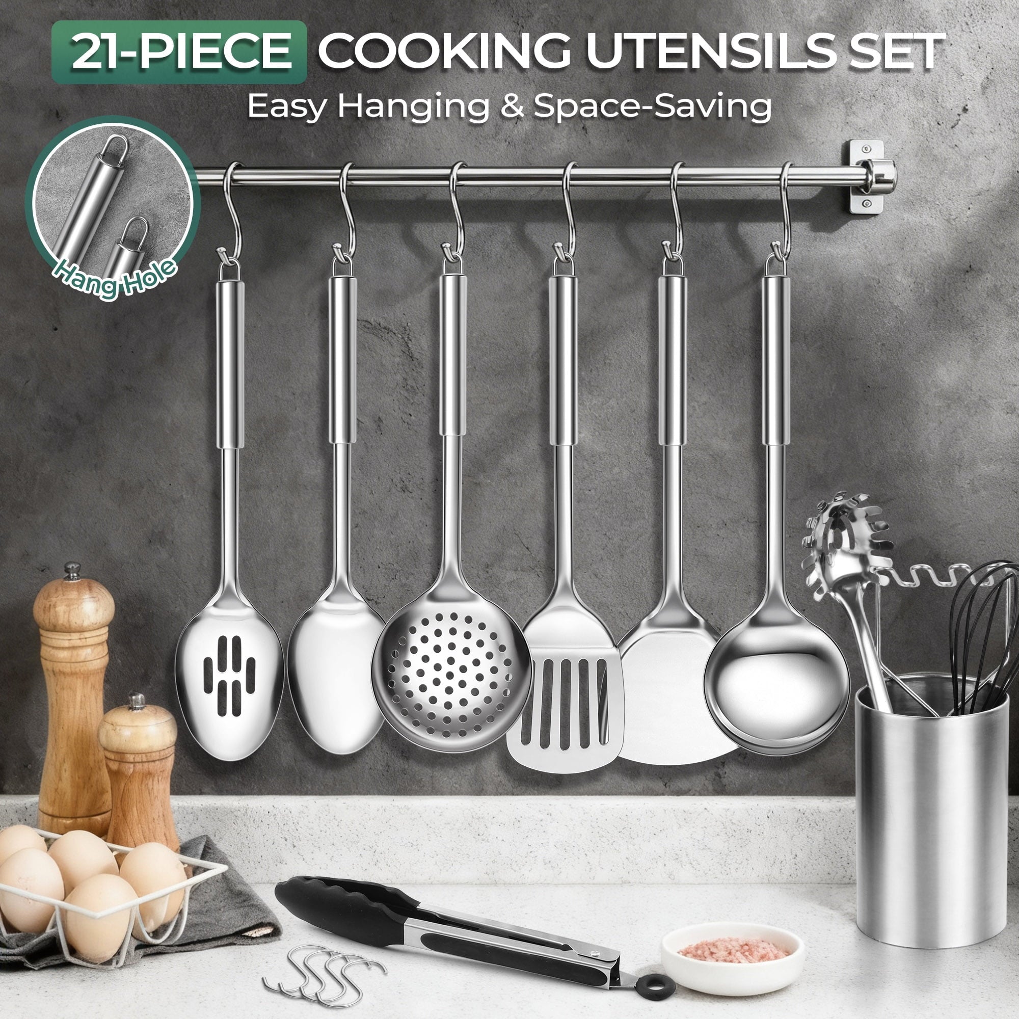 Stainless Steel Kitchen Utensils Set, 21 PCS Cooing Utensils Set With Holder, Metal Kitchen Gadgets Cookware Tools fo... - Image 4