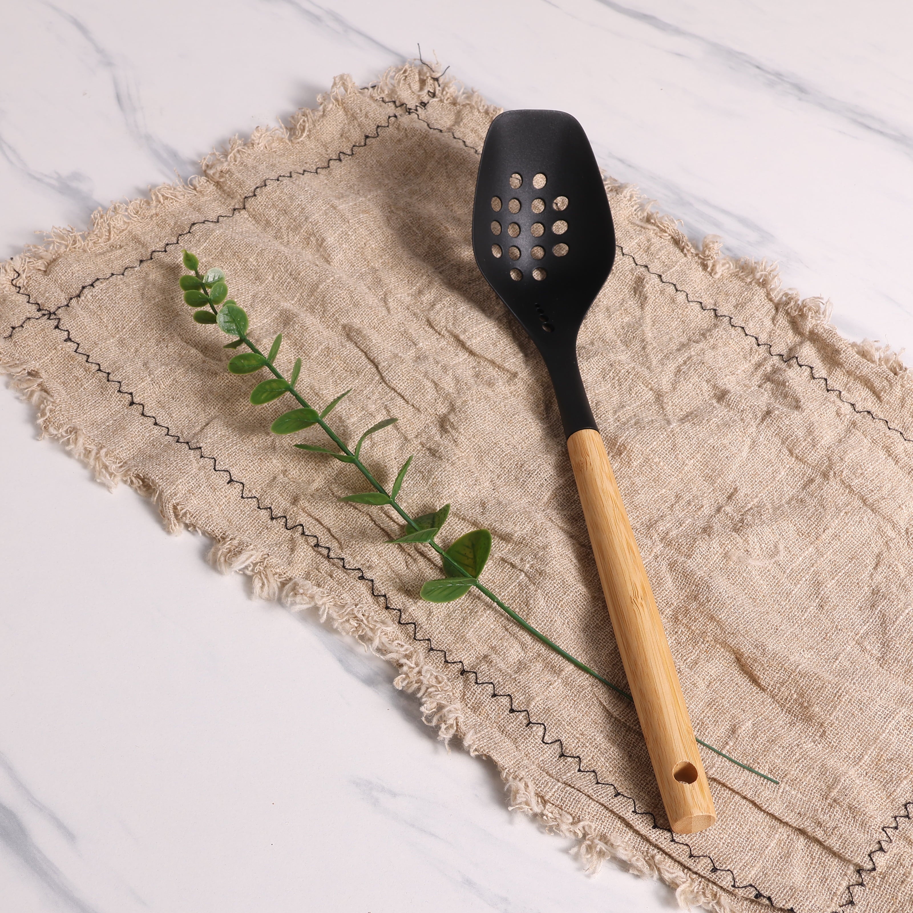 Mainstays Nylon Slotted Cooking Spoon with Bamboo Handle, 12.6"2.7", Nylon & Bamboo, Black - Image 5