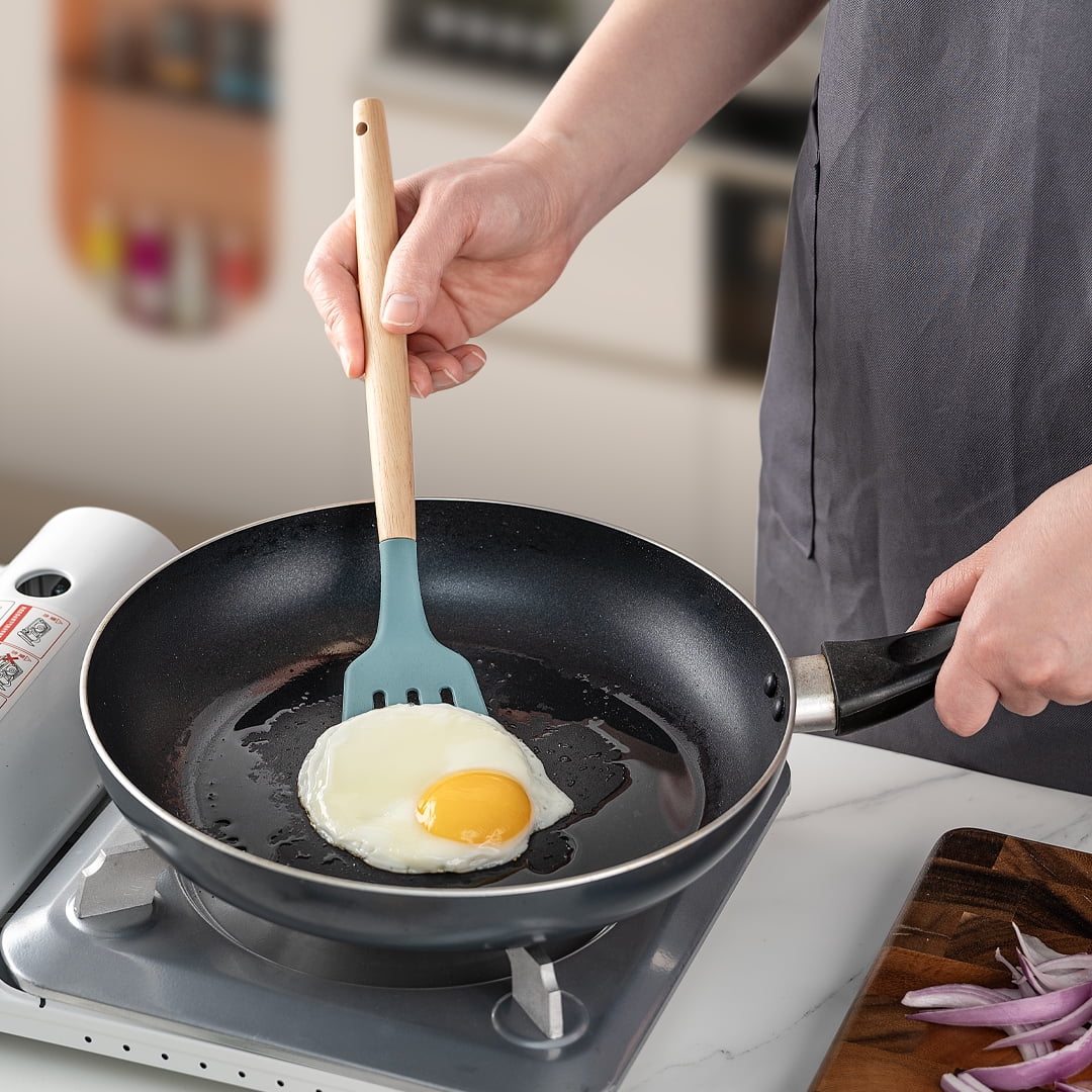 Small Silicone Cooking Utensils with Holder Set (12Pack), Aqua Kitchen Tools with Wooden Handle for Nonstick Cookware - Image 4
