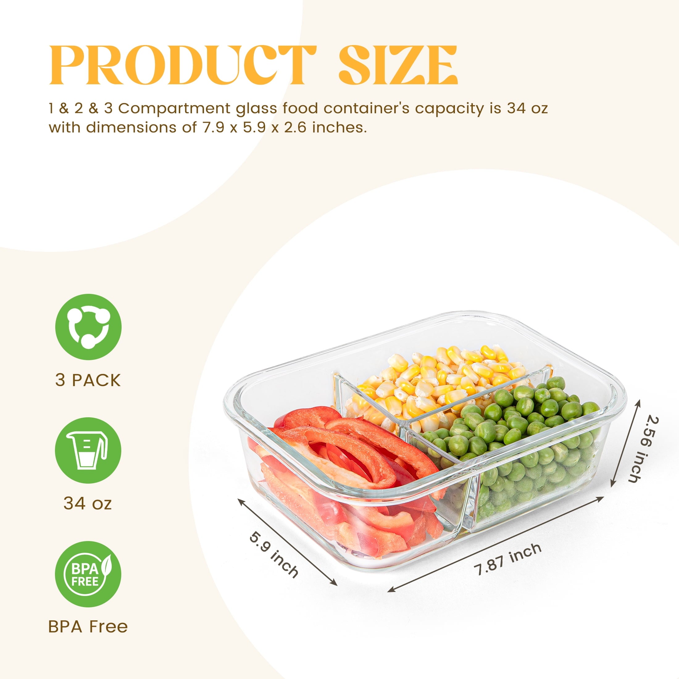 Glass Food Storage Container with Lids, 3 Pack 34 Oz Meal Prep Containers, 1 & 2 & 3 Compartment Lunch Container, Air... - Image 5