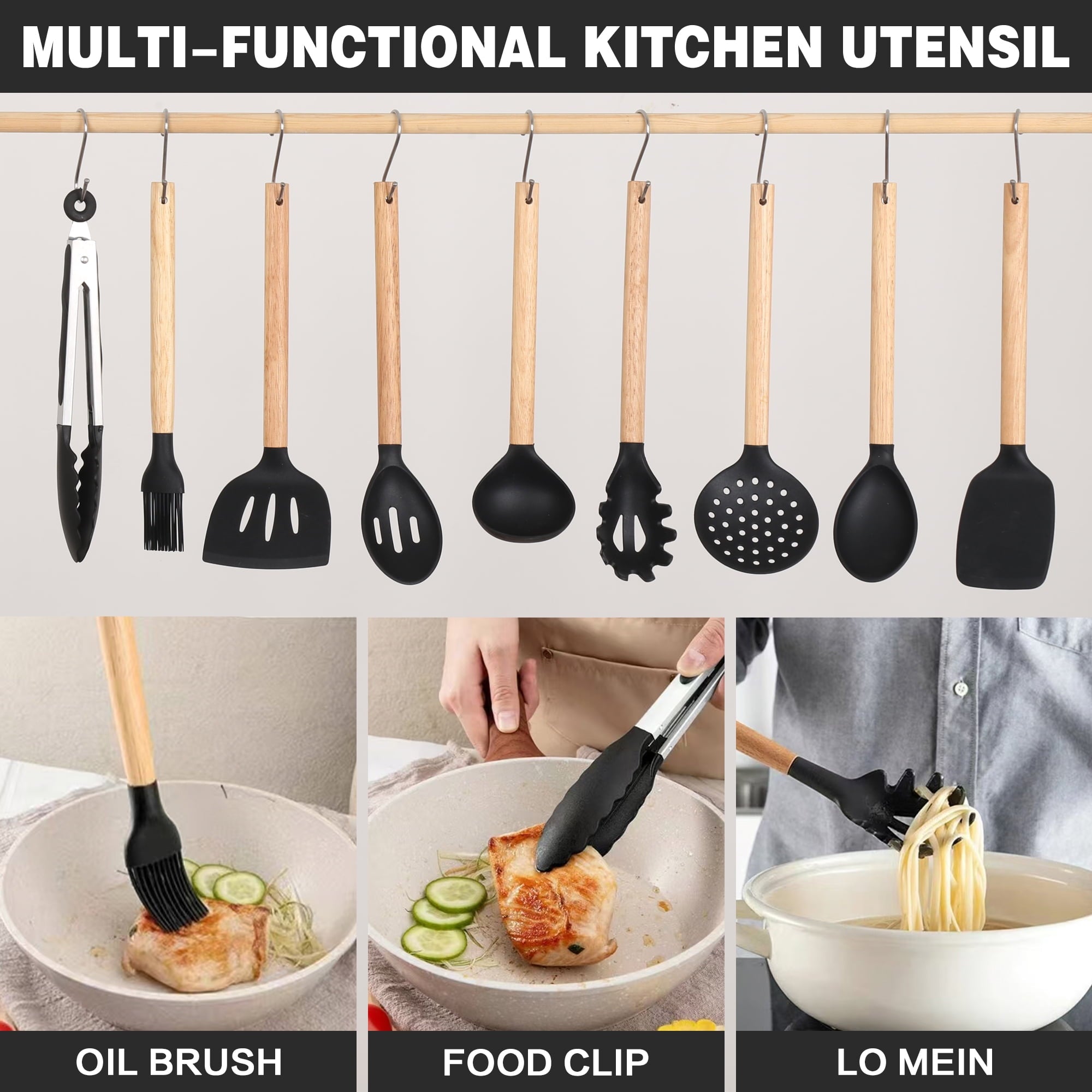 23 PCS Silicone Utensils Kitchenware Set with Removable Knife Cover, Non-Stick Heat Resistan Tools-Black - Image 5