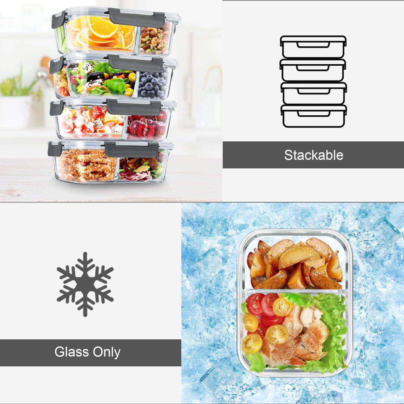 8 Pcs Glass Food Storage Containers with Lids, 2 & 3 Compartment Glass Airtight Meal Prep Containers (4 Containers & ... - Image 2