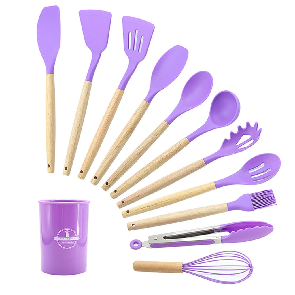 12Pcs Kitchen Utensils Set with Holder,Wooden Handles Tool,BPA Free,Non Toxic Turner Tongs Spatula Spoon Kitchen Gadg... - Image 3