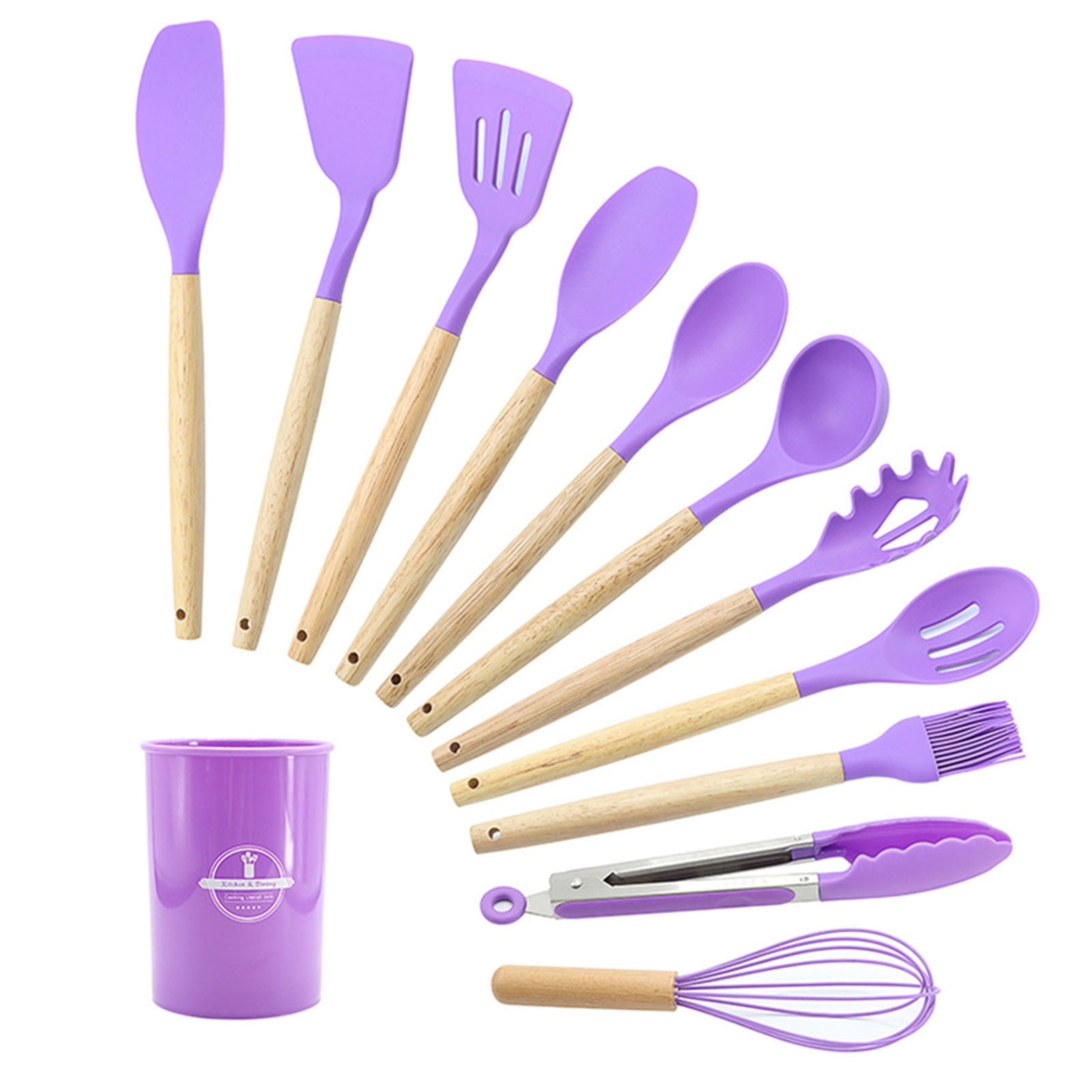 12Pcs Kitchen Utensils Set with Holder,Wooden Handles Tool,BPA Free,Non Toxic Turner Tongs Spatula Spoon Kitchen Gadg... - Image 3