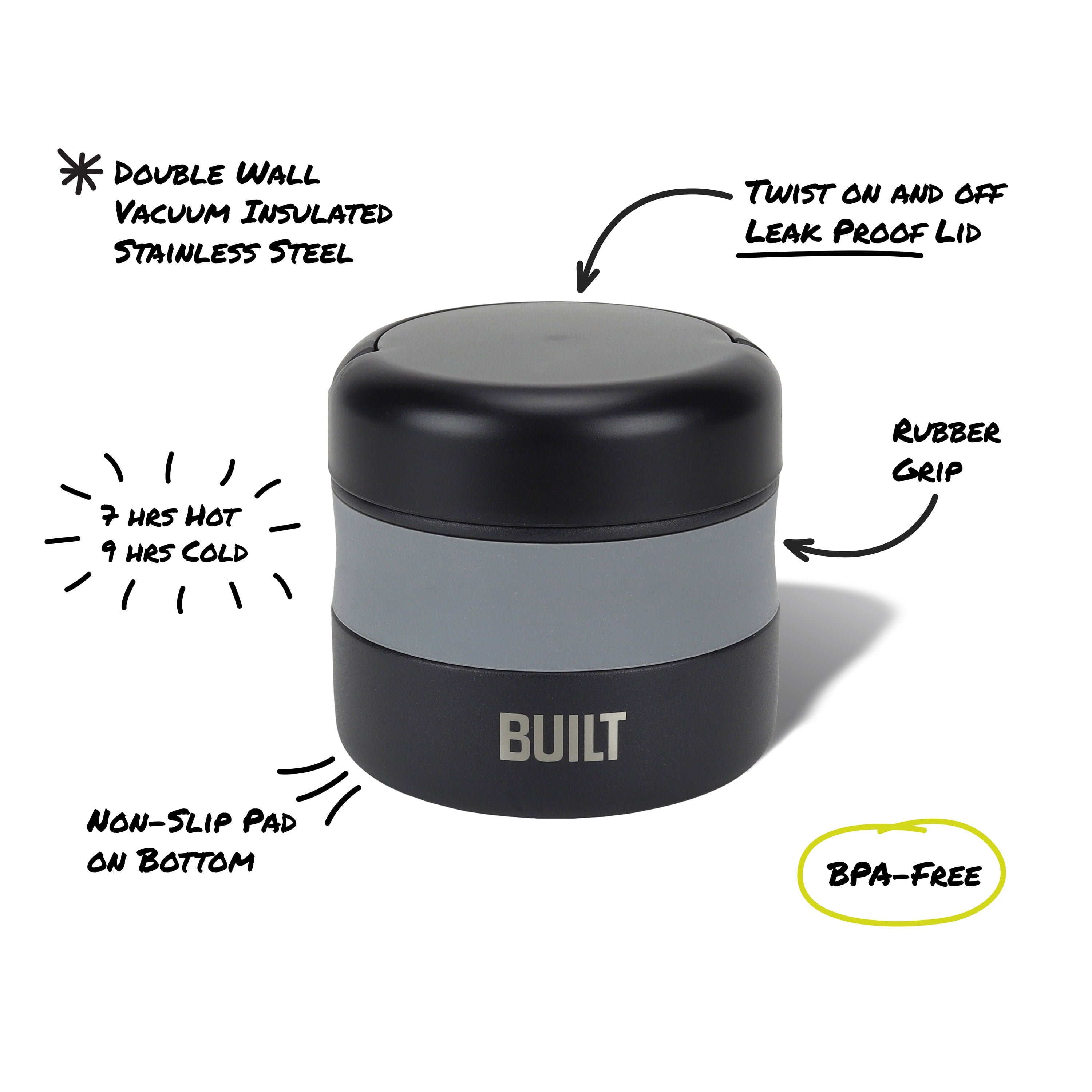 BUILT 12 oz Wide Mouth Vacuum Insulated Food Jar with Handle, Black and Gray, A Practical Choice for School Lunches and Activities to keep M - Image 3