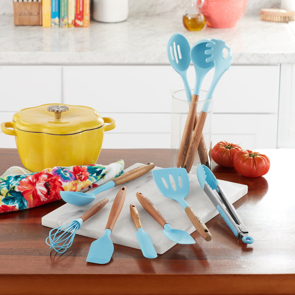 The Pioneer Woman 10-Piece Silicone and Acacia Wood Handle Cooking Utensils Set, Blue - Image 2