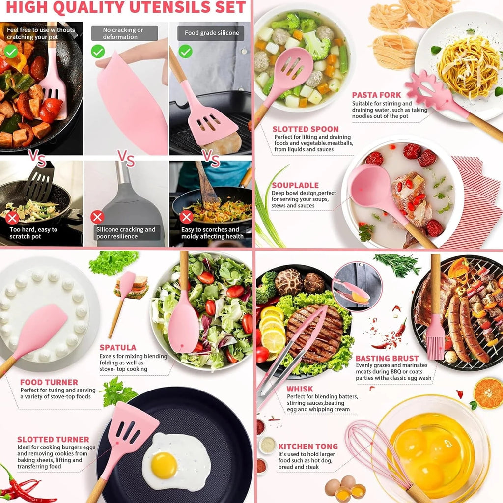 Silicone Cooking Utensils Set, Free Heat Resistant Pink Baking Tools Kitchen Knife 19 Pc - Image 2