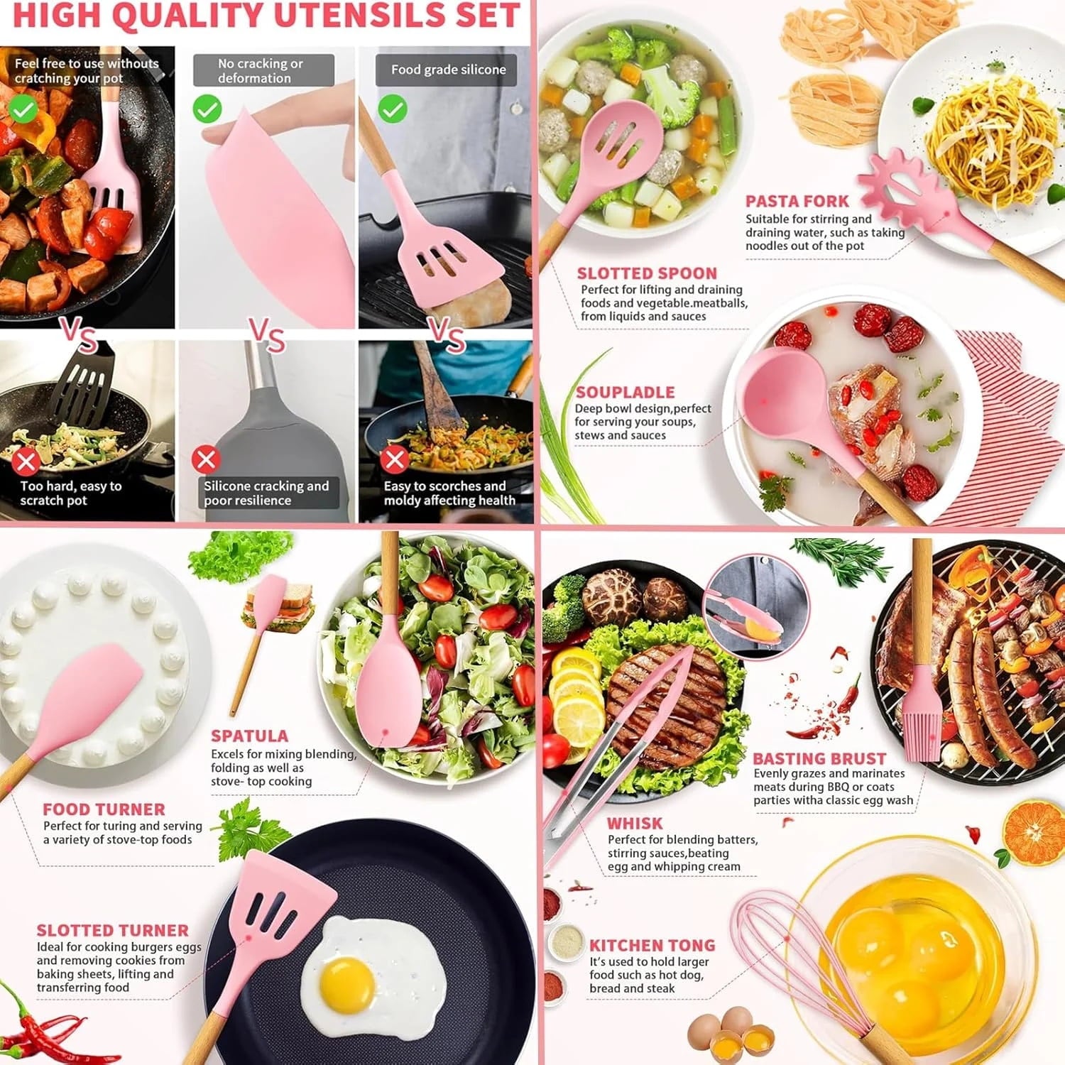 Silicone Cooking Utensils Set, Free Heat Resistant Pink Baking Tools Kitchen Knife 19 Pc - Image 2