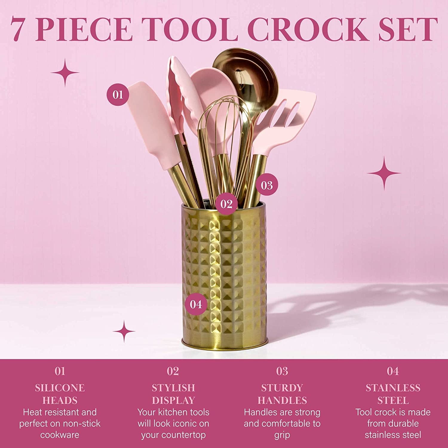 Kitchen Set Tool Crock with Silicone Cooking Utensils, Stainless Steel Whisk and Ladle, 7-Piece, Pink and Gold - Image 3