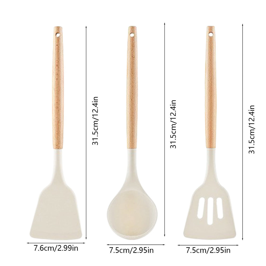 Silicone Kitchen Utensils Set of 3 | Non-Stick Cooking Tools with Wooden Handles | Heat Resistant Spatula & Ladle for Frying and Baking - Image 3