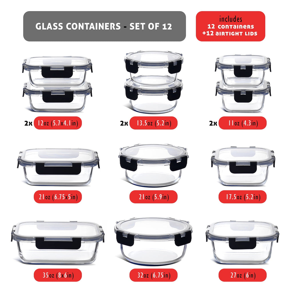24pc Glass Food Storage Containers with Lids, Airtight Glass Meal Prep Containers, Oven, Microwave & Freezer Safe Gla... - Image 3