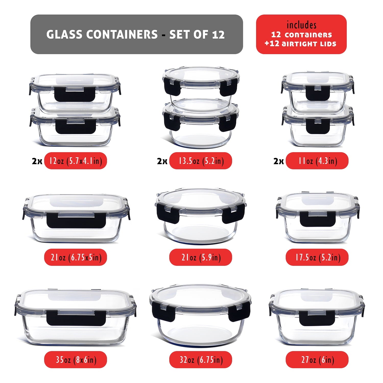 24pc Glass Food Storage Containers with Lids, Airtight Glass Meal Prep Containers, Oven, Microwave & Freezer Safe Gla... - Image 3