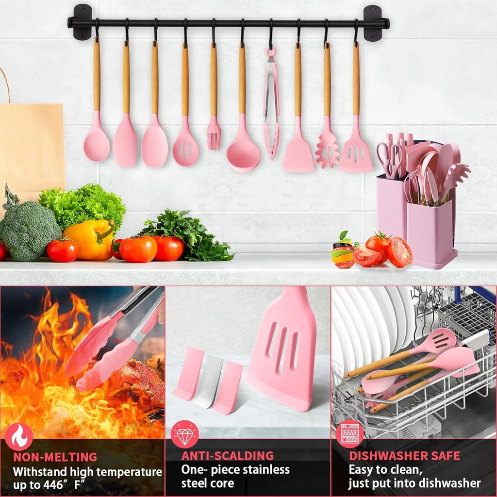 Silicone Cooking Utensils Set, Free Heat Resistant Pink Baking Tools Kitchen Knife 19 Pc - Image 5
