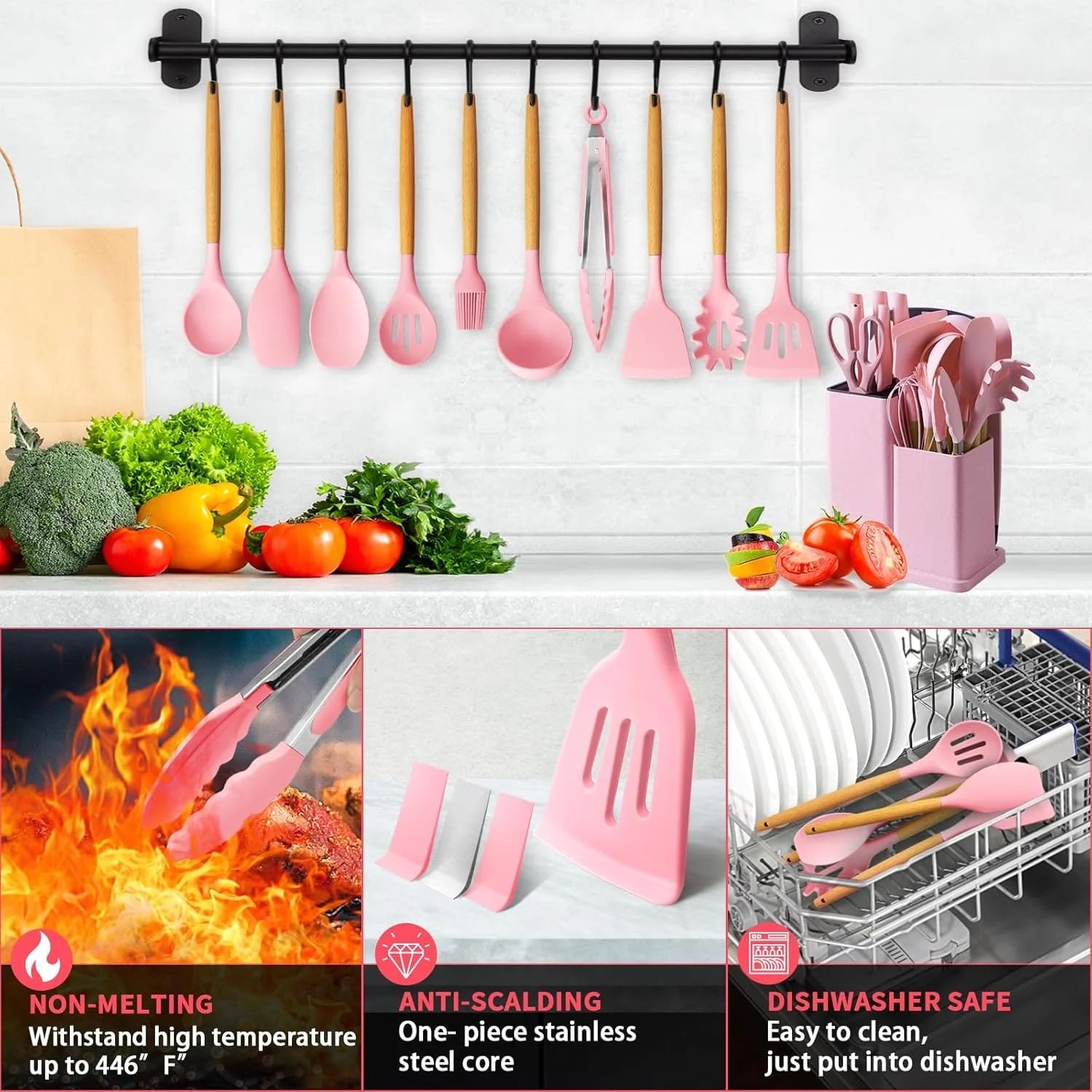 Silicone Cooking Utensils Set, Free Heat Resistant Pink Baking Tools Kitchen Knife 19 Pc - Image 5