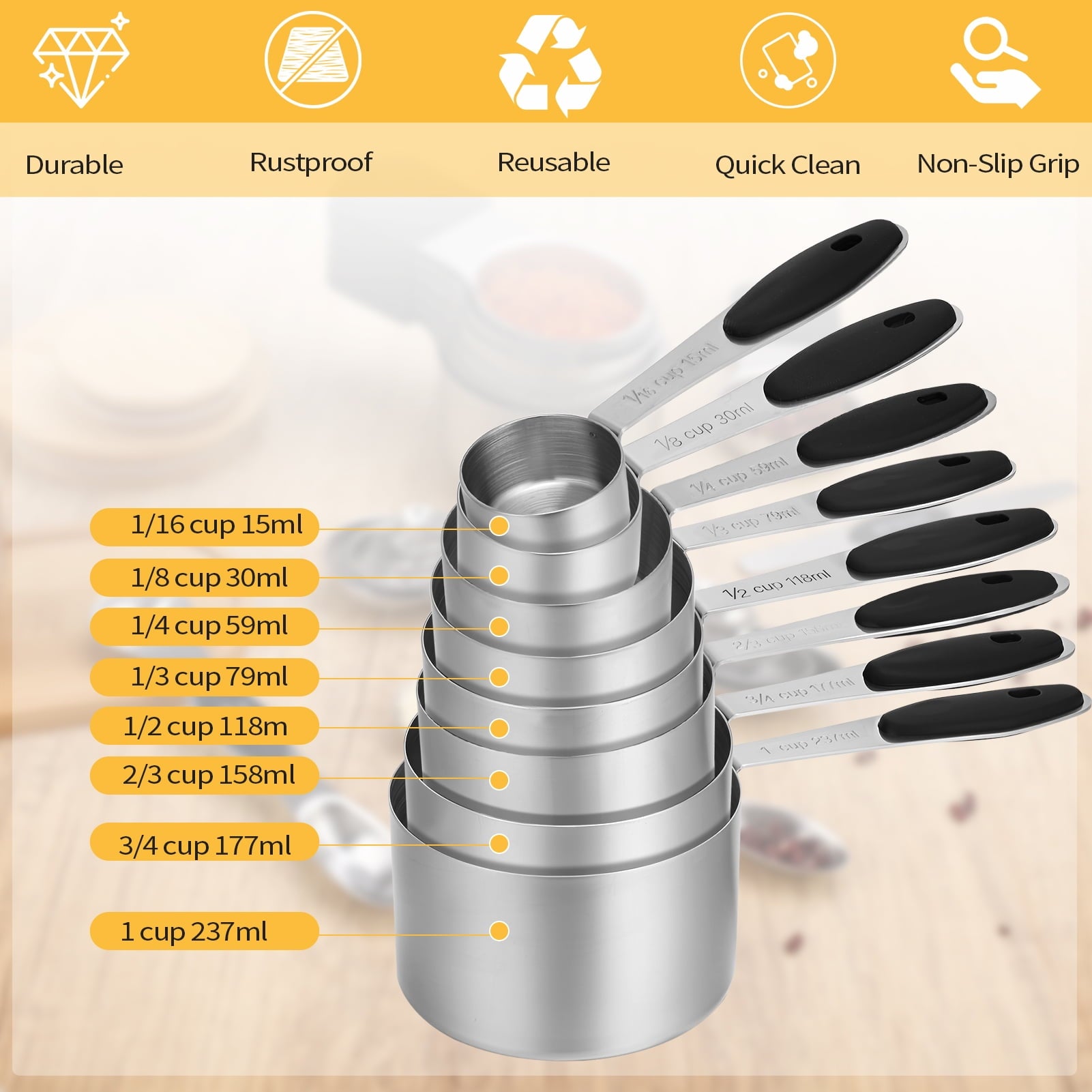 17 Measuring Cups and Magnetic Measuring Spoons Set Stainless Steel, 8 Measure Cups with Silicone Handle and 8 Double... - Image 3