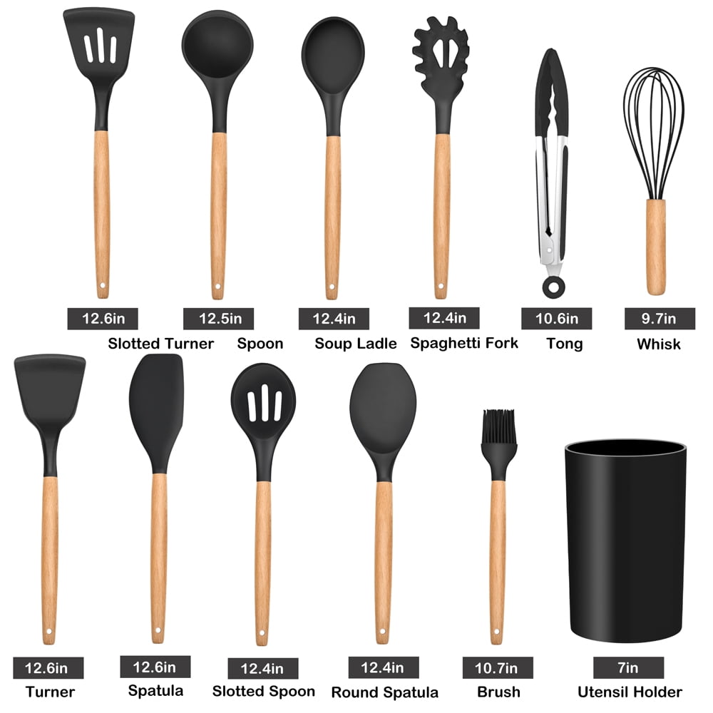 12-Piece Silicone Kitchen Cooking Utensils Set with Holder, Wooden Handle Utensils for Cooking, Kitchen Tools Include Spatula Turner Spoons - Image 4