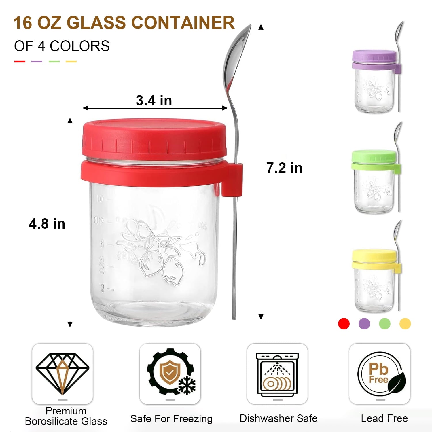 Containers with Lids: Mason Jars 16 oz with Lids and Spoons, Small Mason Jars for Milk, Cereal, Fruit, Salad, Yogurt - Image 2
