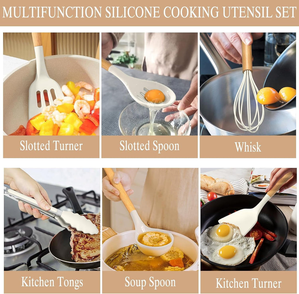 Kitchen Cooking Utensils Set, 33 pcs Non-stick Silicone Cooking Kitchen Utensils Spatula Set with Holder, Wooden Handle Silicone Kitchen Gad - Image 3