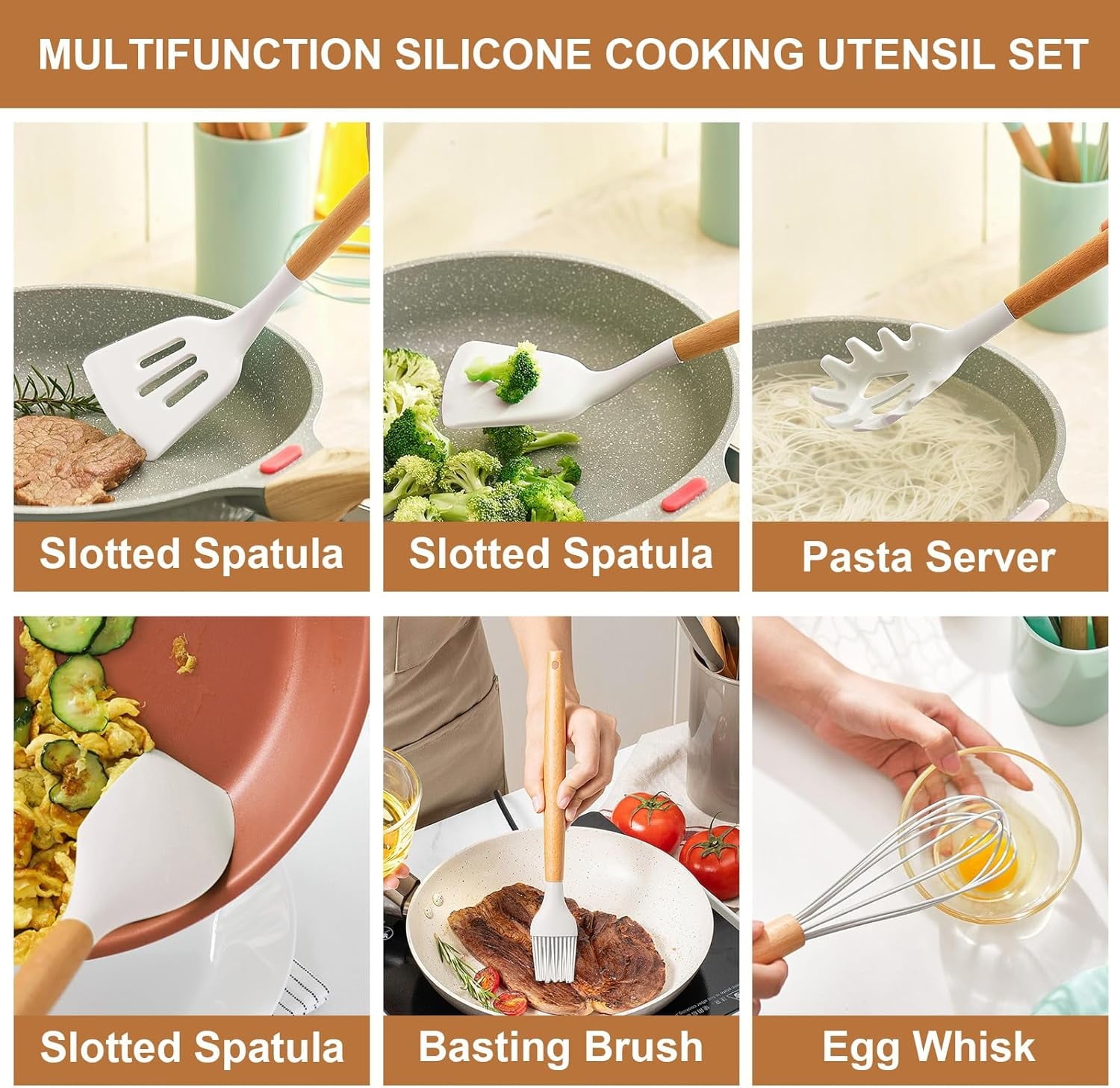 Set, 12 packs Non-Stick Silicone Kitchen Spatula Set with Wooden Handles and Holder, Heat Resistant Food Grade Kitche... - Image 2