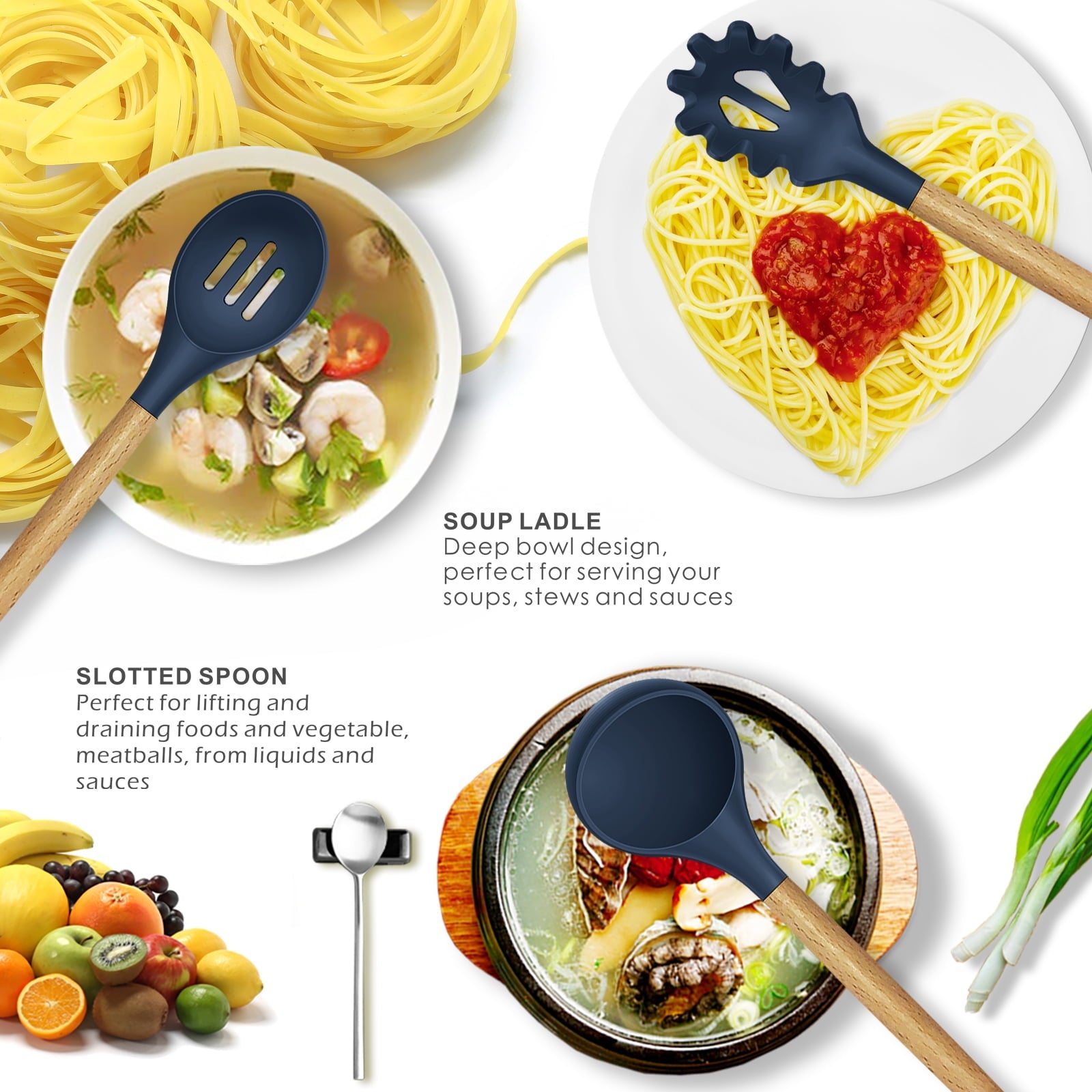 Silicone Cooking Utensils Set - 446°F Heat Resistant Silicone Kitchen Utensils for Cooking,Kitchen Utensil Spatula Set w Wooden Handles and - Image 2