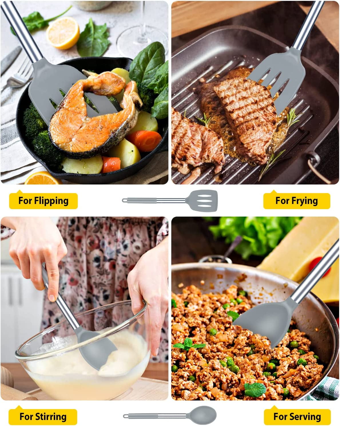 4 Pack Silicone Home Kitchen Cooking Utensils Set,Solid Slotted Spatulas Spoons Set, Gray - Image 4