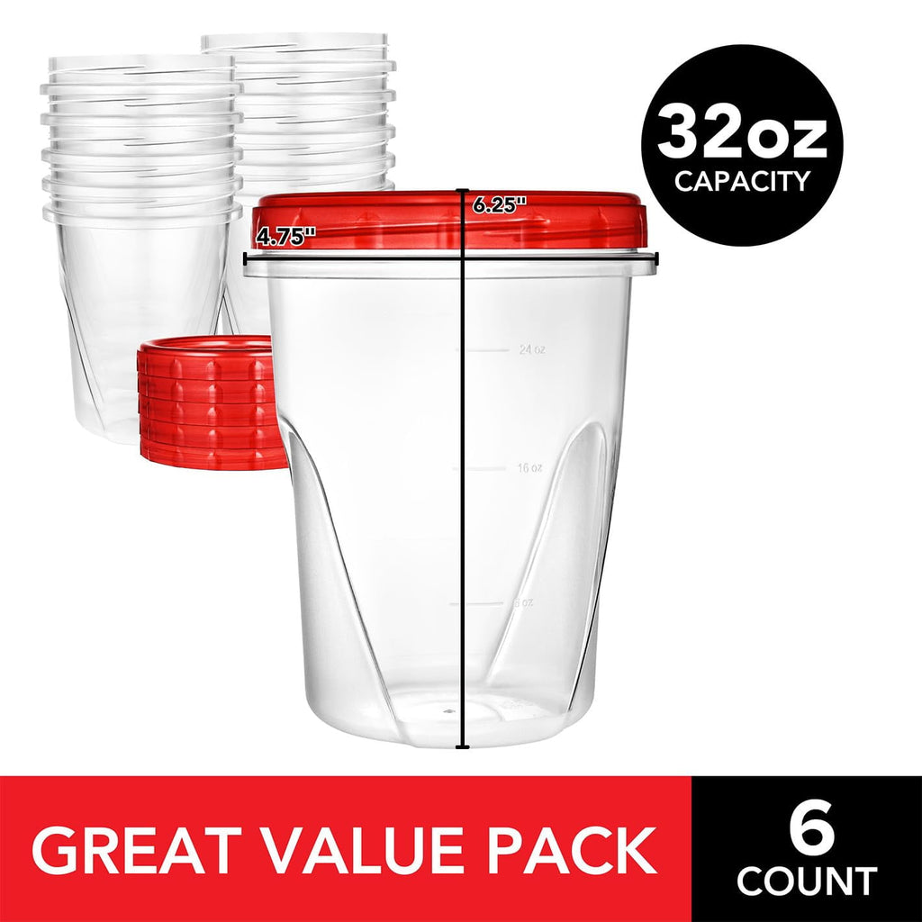 32oz Plastic Containers with Red Twist Top Lids (6 Pack) Quart Freezer Containers for Leftovers, Airtight Reusable So... - Image 3