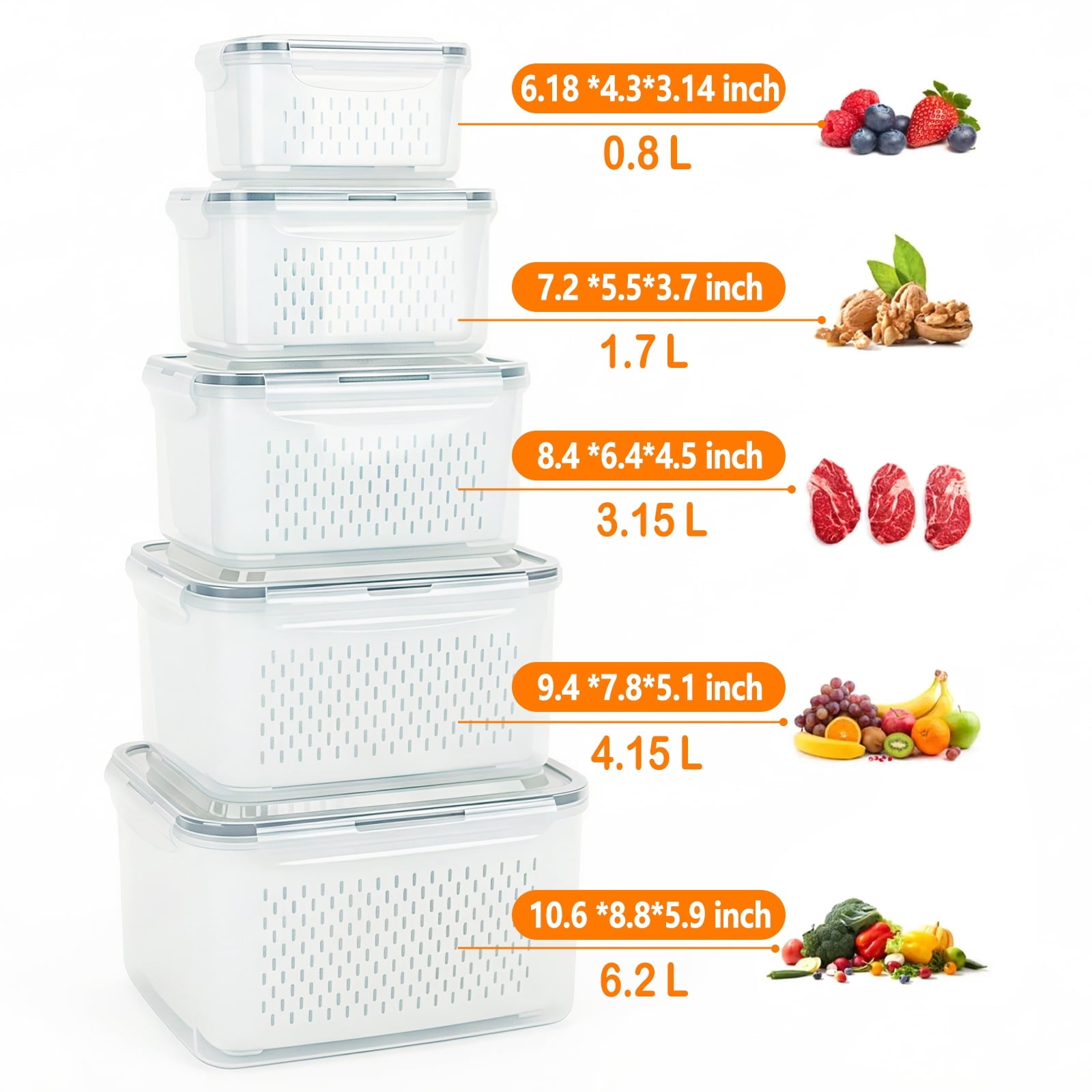 5 Pack Fruit Storage Containers for Fridge with Lid and Removable ColanderPlastic Fresh Produce Saver Vegetable ContainerRefrigerator Organi - Image 4