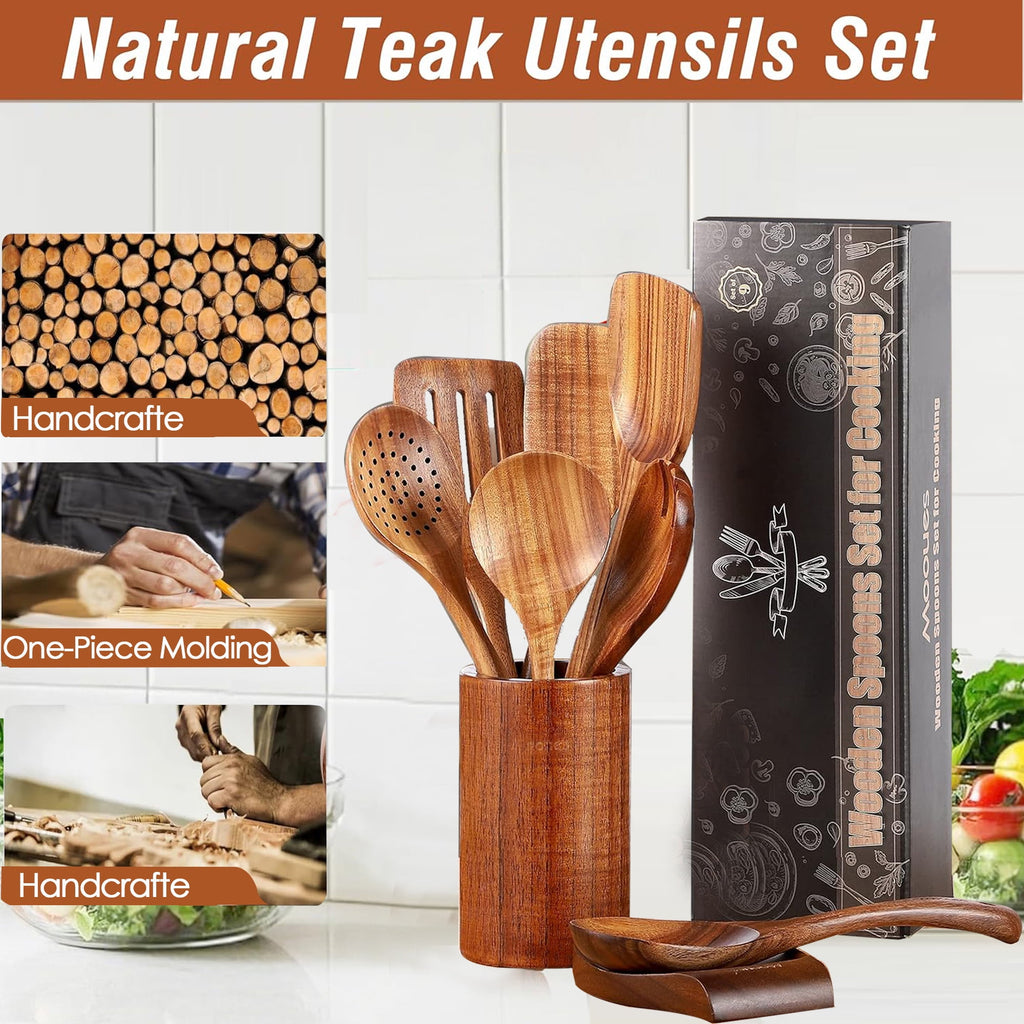Wooden Spoons for Cooking, 5 Pcs Natural Teak Kitchen Utensil Set , Wooden Cooking Utensils Set for Nonstick Pans & C... - Image 3