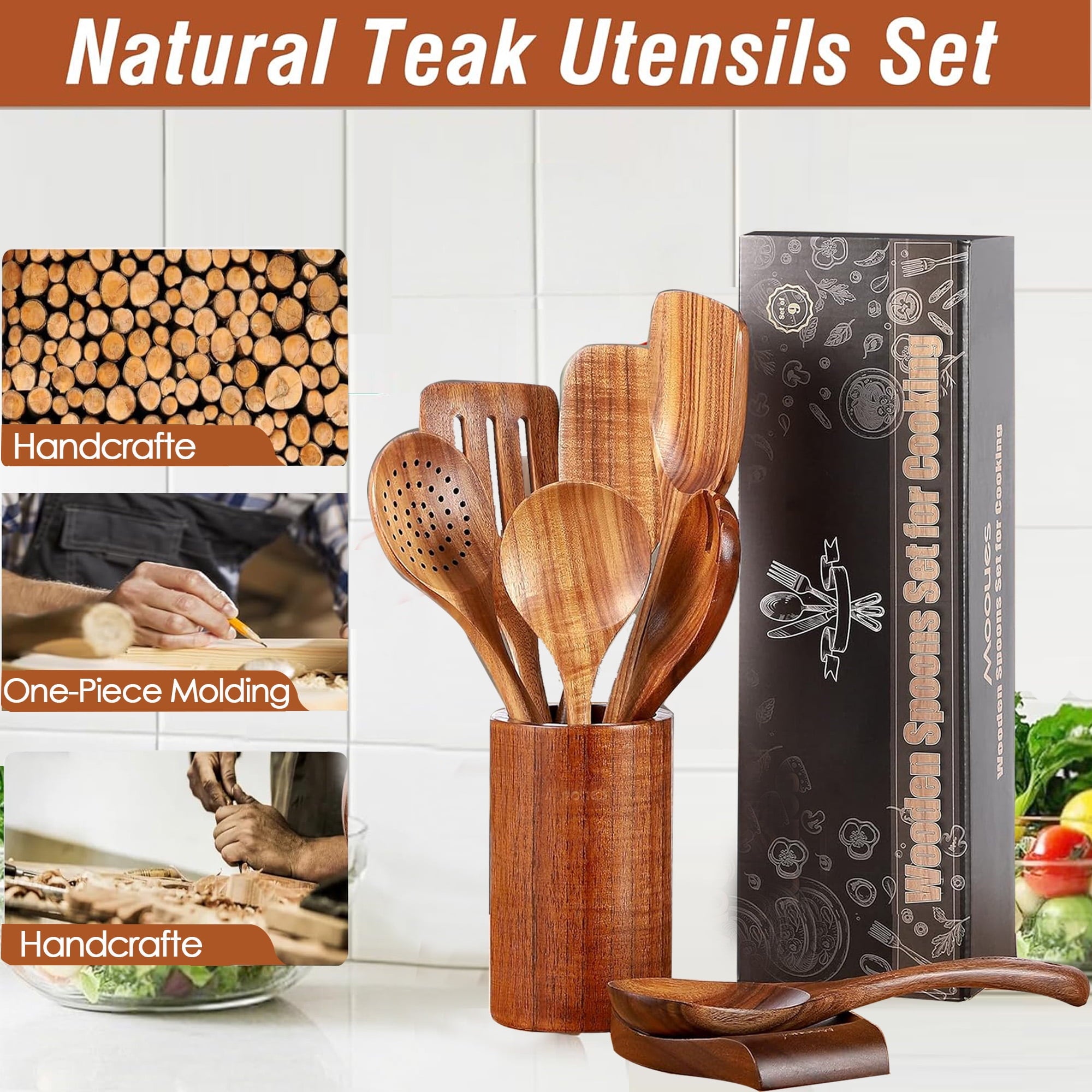 Wooden Spoons for Cooking, 5 Pcs Natural Teak Kitchen Utensil Set , Wooden Cooking Utensils Set for Nonstick Pans & C... - Image 3